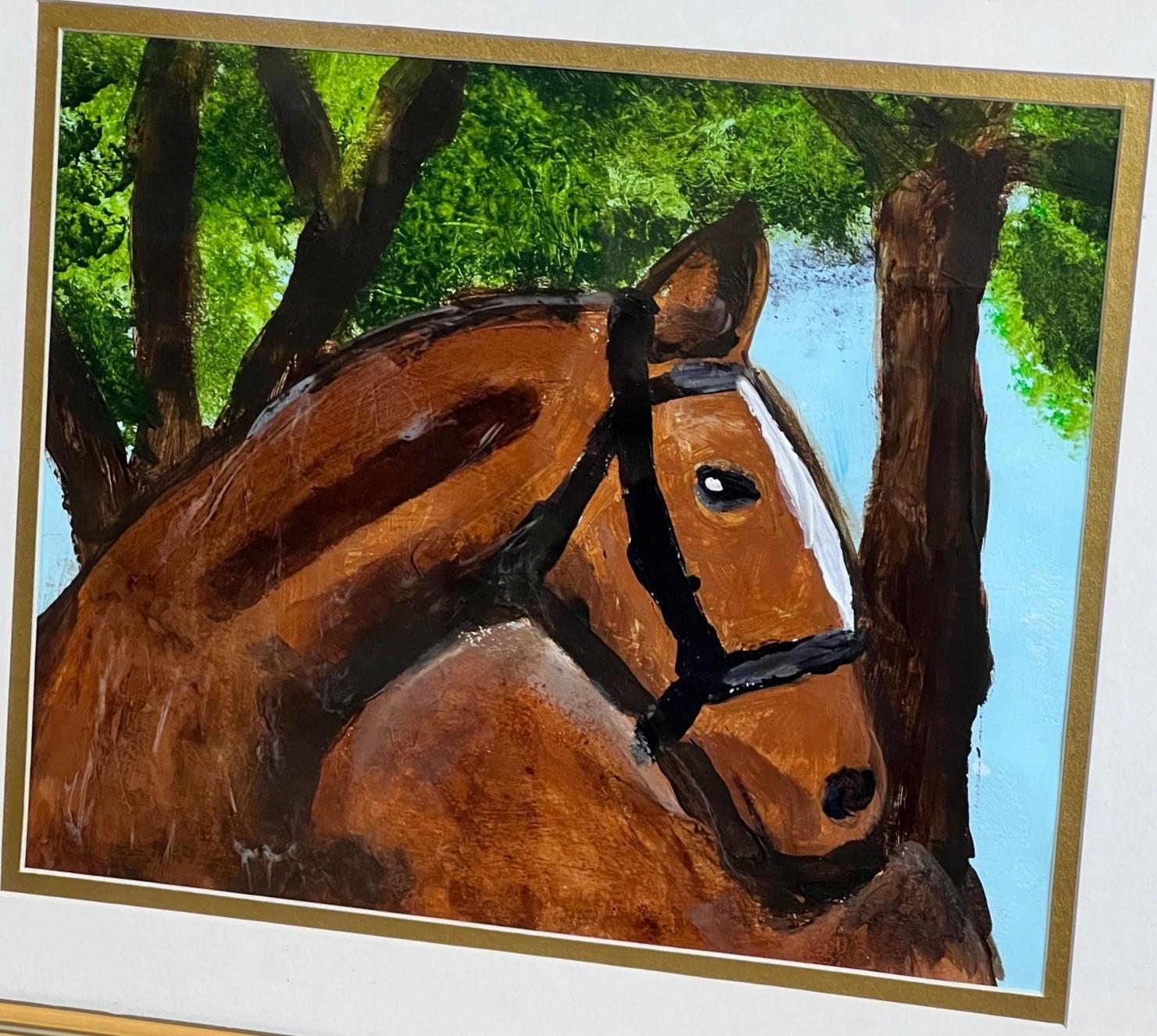 A small and engaging contemporary painting of a chestnut horse in a pastoral setting. The colors in this unsigned painting are fresh and vibrant. The application of the paint adds a textural element to the work. The piece is matted and framed under
