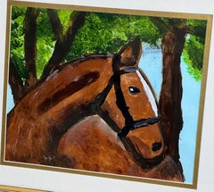 Small Contemporary Naive Painting of Chestnut Horse Matted and Framed