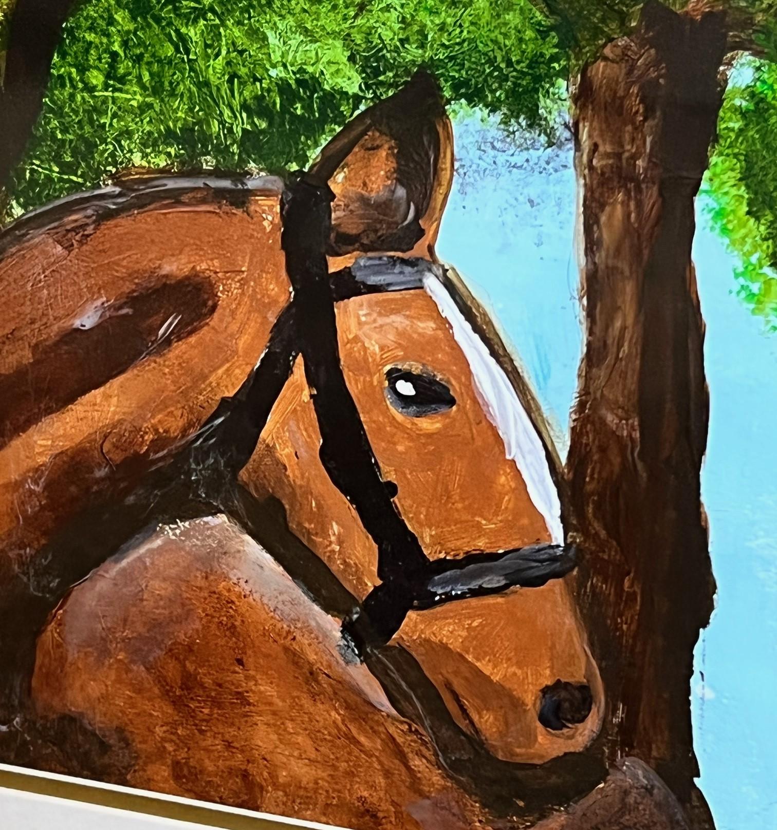 Modern Small Contemporary Naive Painting of Chestnut Horse Matted and Framed For Sale