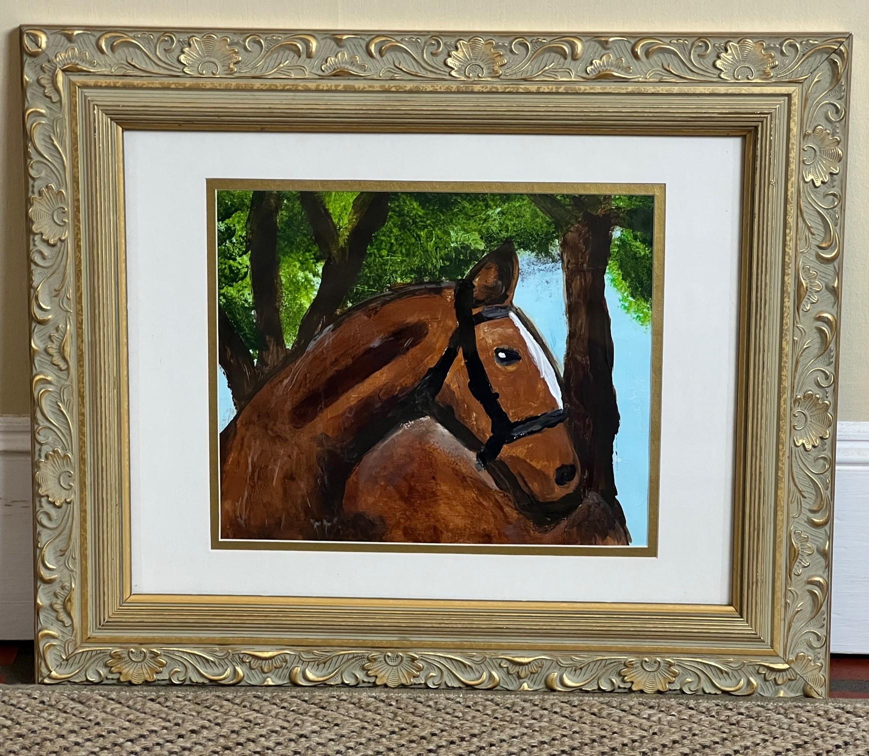 Peint à la main Petite peinture naïve contemporaine de cheval en châtaignier encadrée et mate en vente