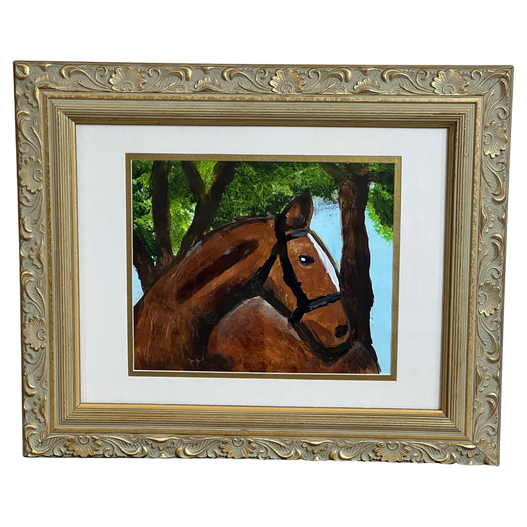 Petite peinture naïve contemporaine de cheval en châtaignier encadrée et mate en vente