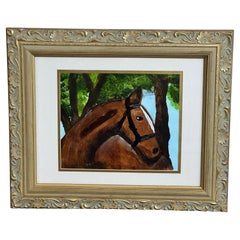 Small Contemporary Naive Painting of Chestnut Horse Matted and Framed