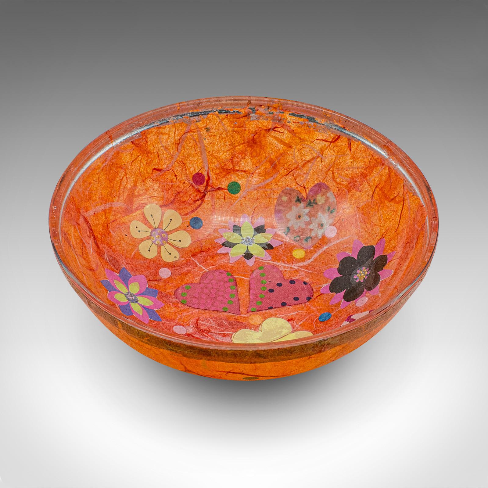 This is a small contemporary Pot Pourri dish. An English, straw silk glass decorative fruit bowl by Margaret Johnson.

Superb colour with a charming mix of texture and finishes
Displays a desirable contemporary order, free of loss
A favoured