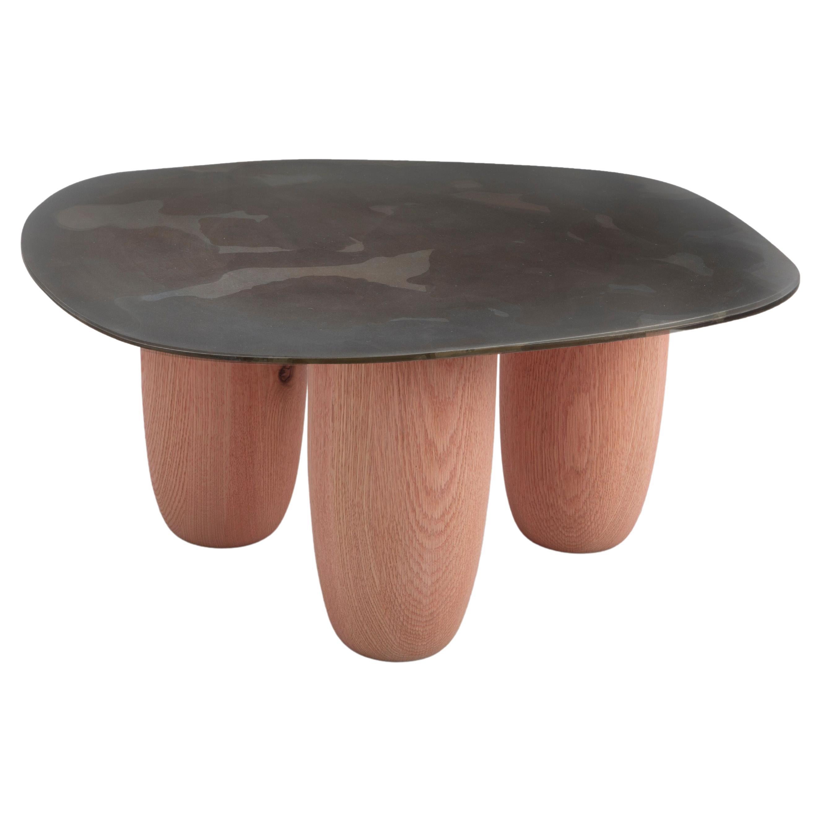 Zeitgenössischer niedriger Sumo-Tisch aus Stahl und massivem Eichenholz von Vivian Carbonell
