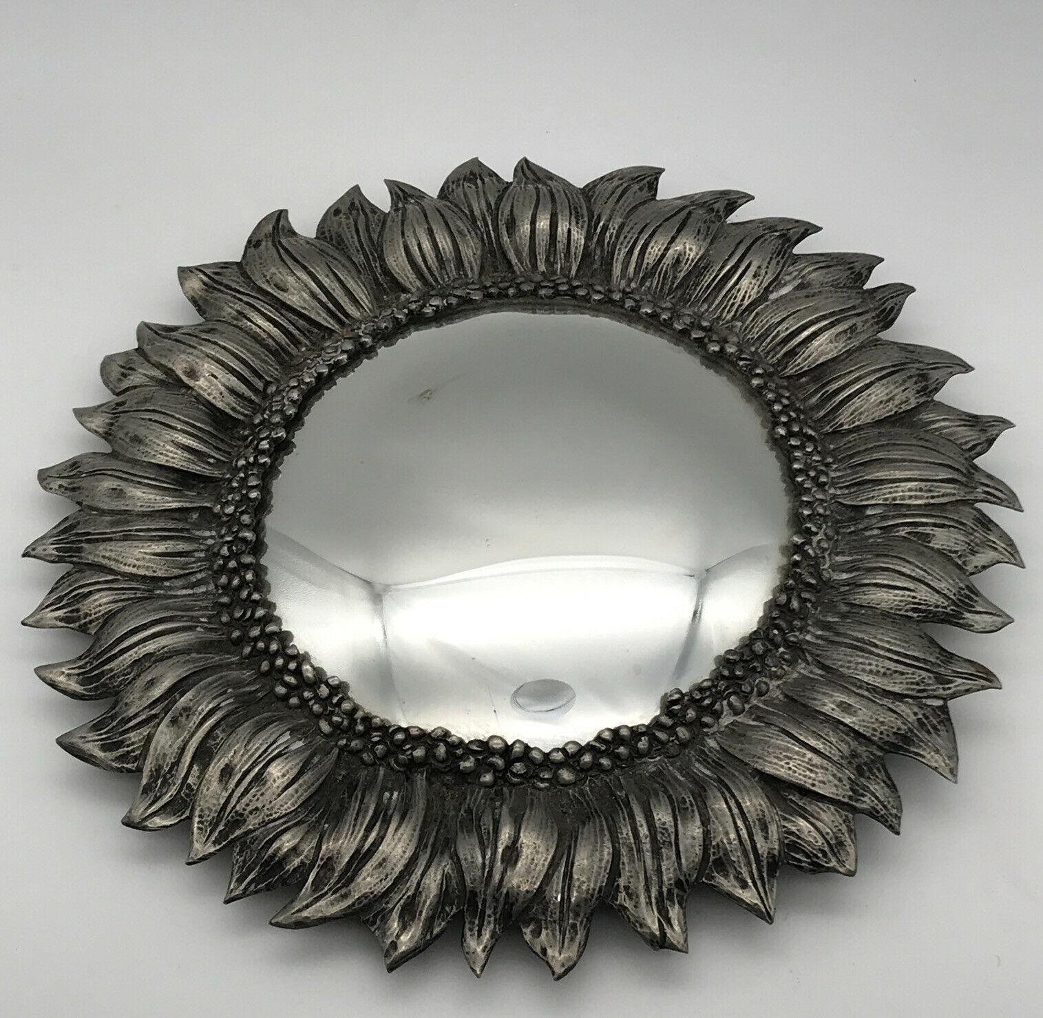 Mid-Century Modern Small Convex Mirror in Silver Pewter, with Flower Decoration, circa 1960-1970 For Sale