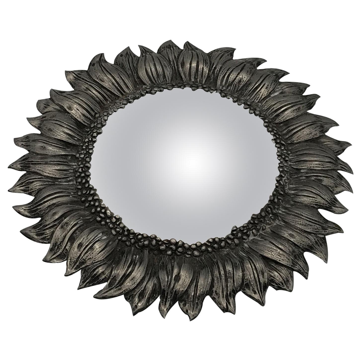 Small Convex Mirror in Silver Pewter, with Flower Decoration, circa 1960-1970