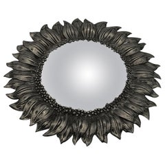 Small Convex Mirror in Silver Pewter, with Flower Decoration, circa 1960-1970