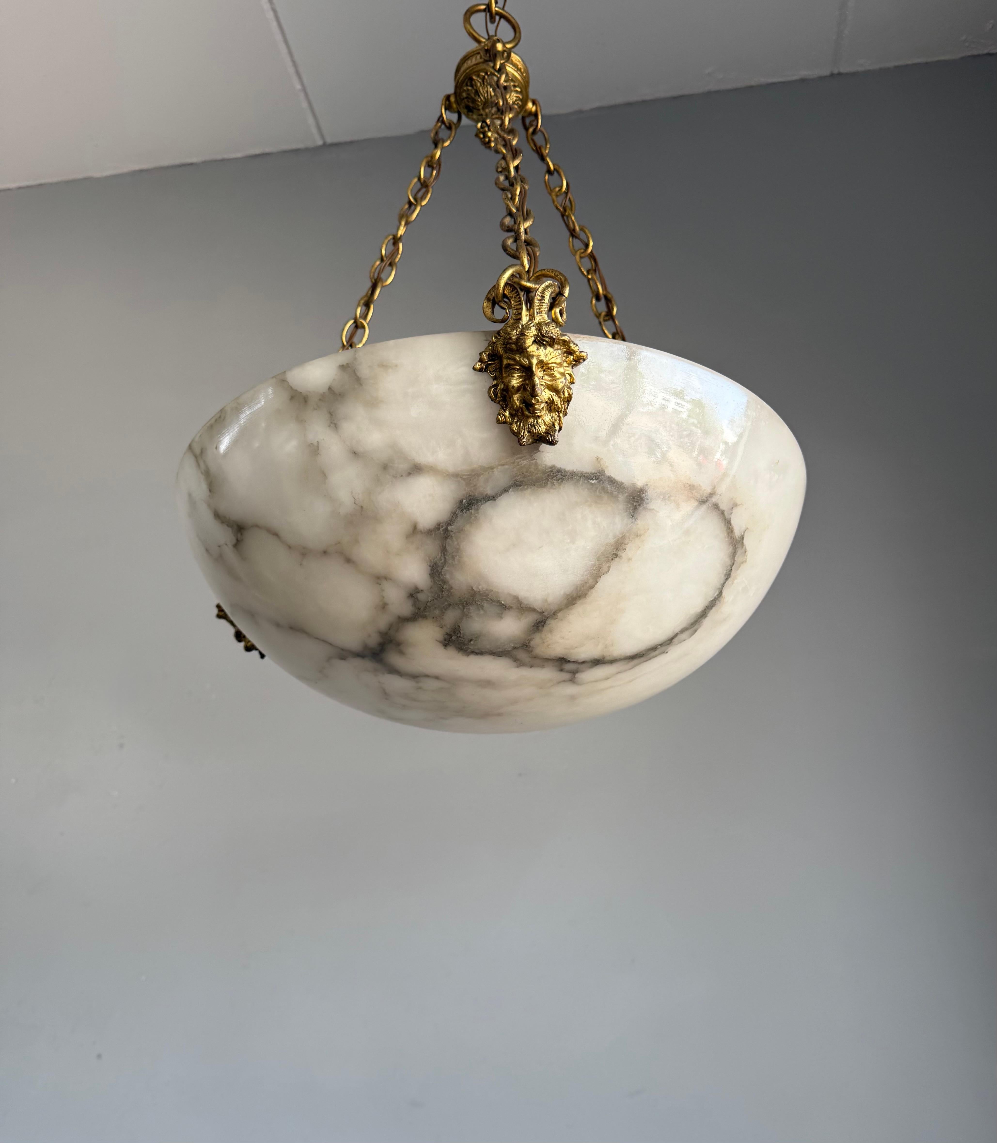 Coolest Ever Antique White & Black Alabaster Pendant Light w. Satyr Sculptures (Vergoldet) im Angebot