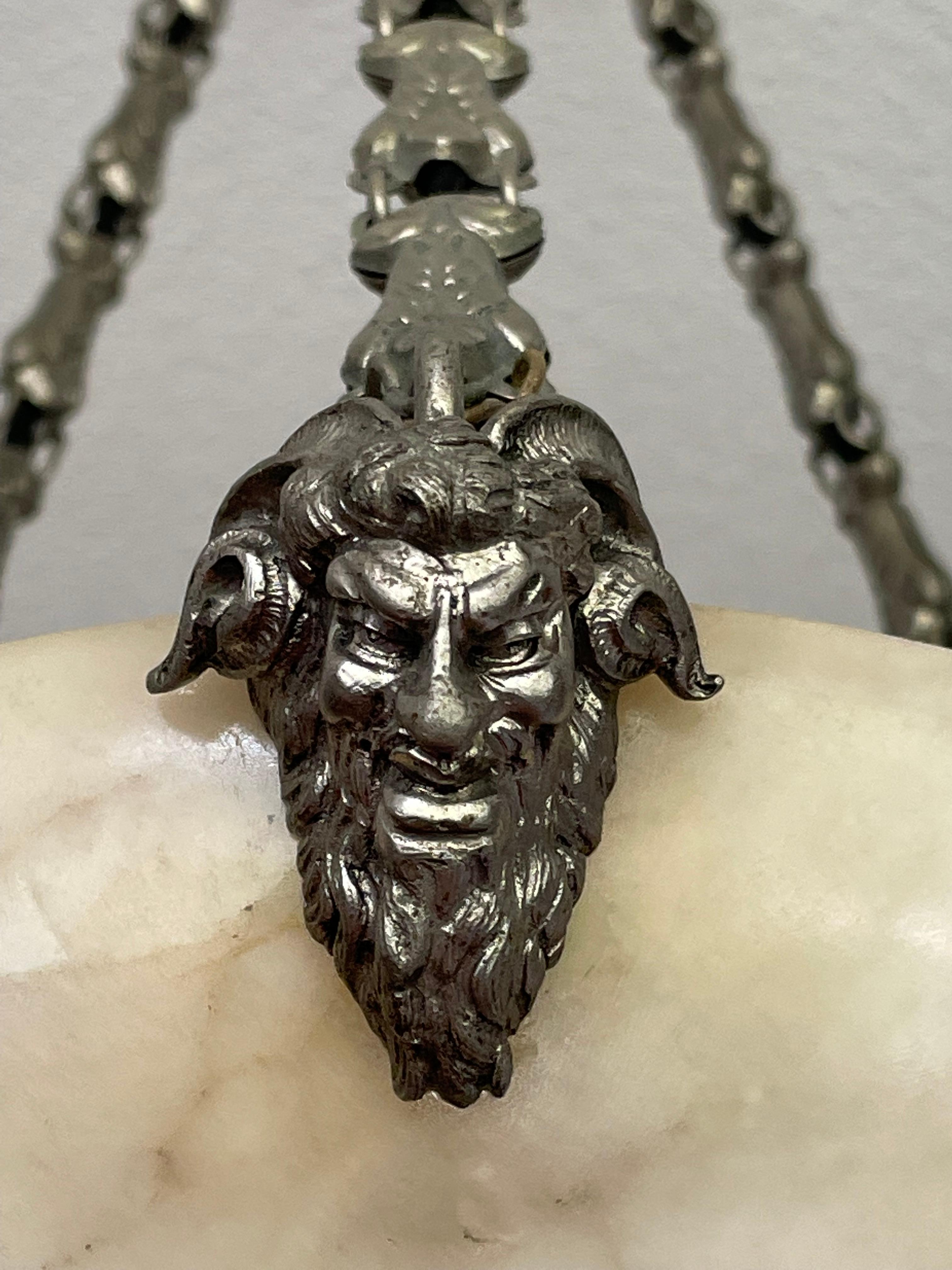 Small & Coolest Ever Antique White & Black Alabaster Pendant w. Satyr Sculptures In Excellent Condition In Lisse, NL