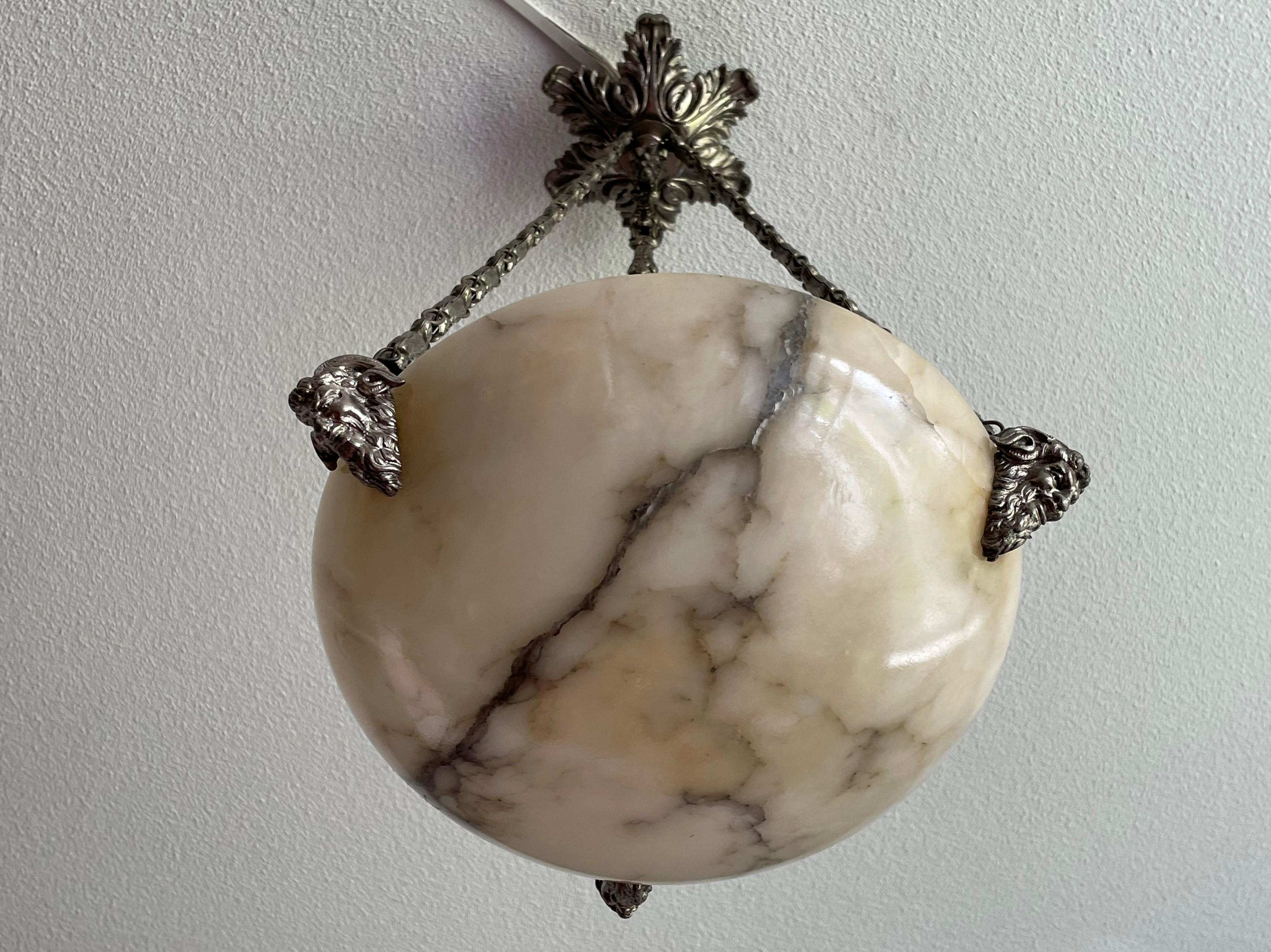 Brass Small & Coolest Ever Antique White & Black Alabaster Pendant w. Satyr Sculptures