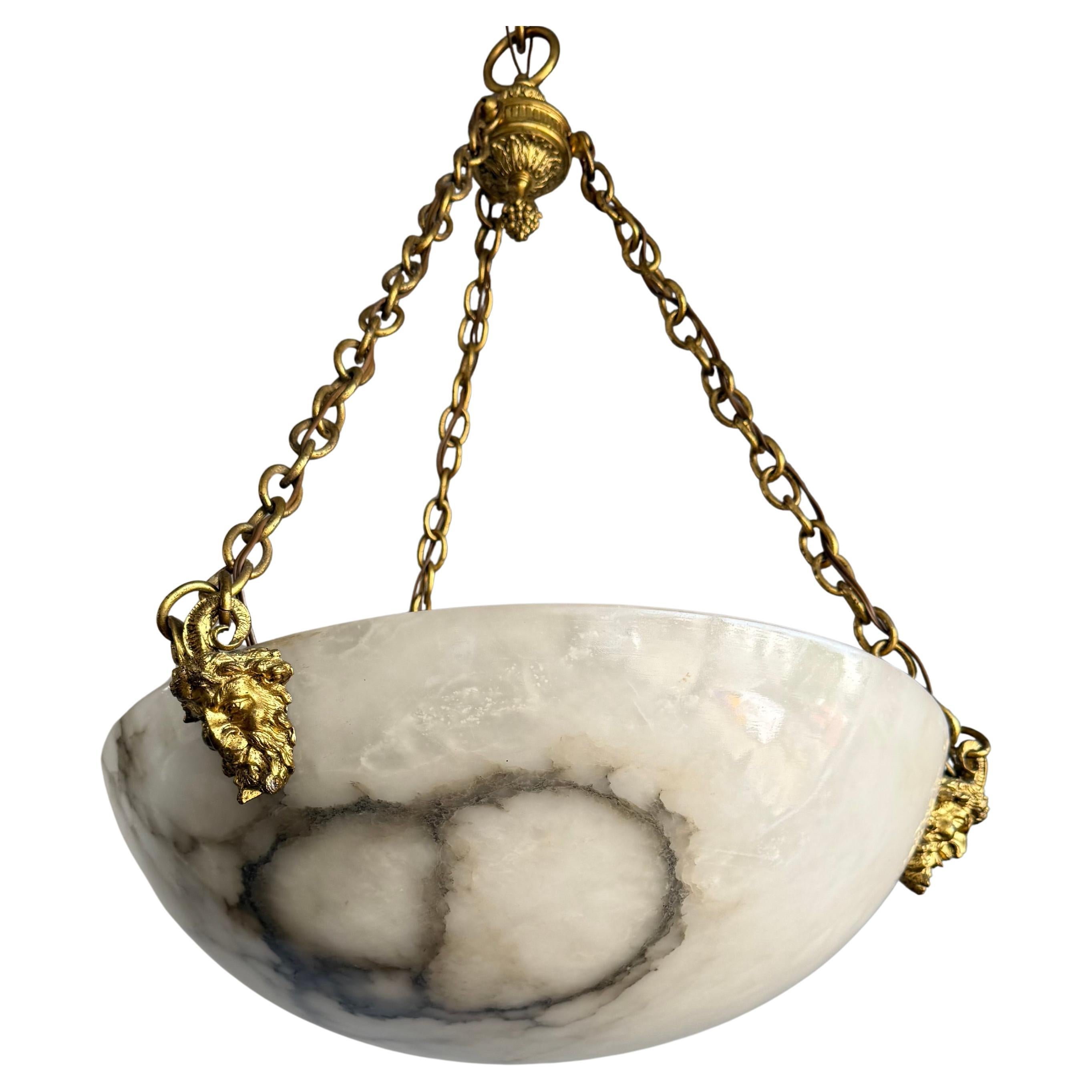 Coolest Ever Antique White & Black Alabaster Pendant Light w. Satyr Sculptures