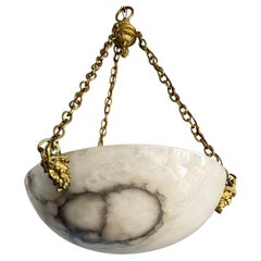 Coolest Ever Antique White & Black Alabaster Pendant Light w. Satyr Sculptures