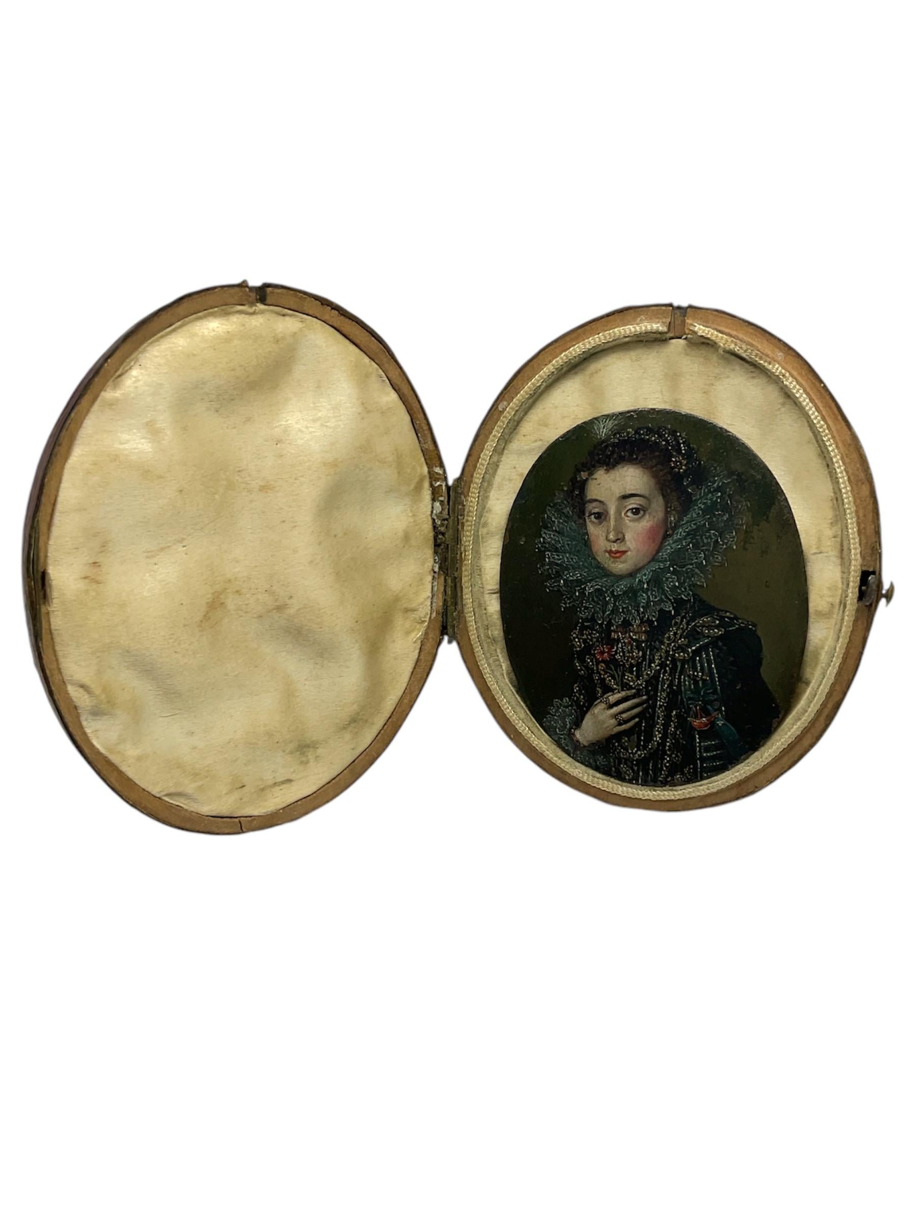 This small copper portrait depicts a female figure around 10-12 years old, shown in half torso and looking to the left. The young girl wears a black silk gown with lechuguillas ruffs, typical of fashion from 1598 to 1629, when such collars were in