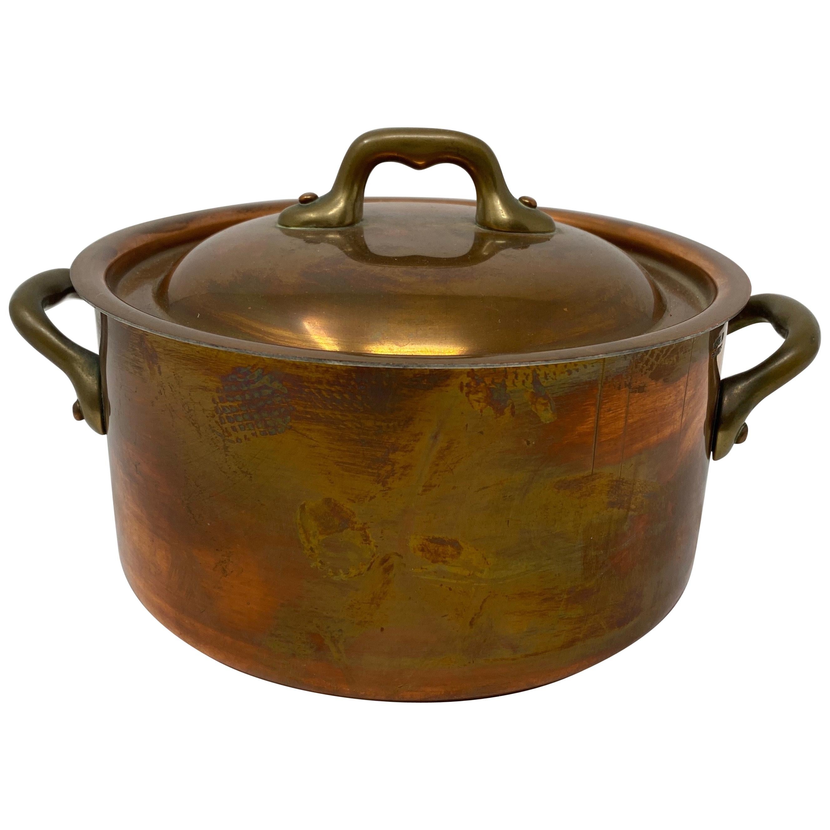 Small Copper Pot with Brass Handles and Lid