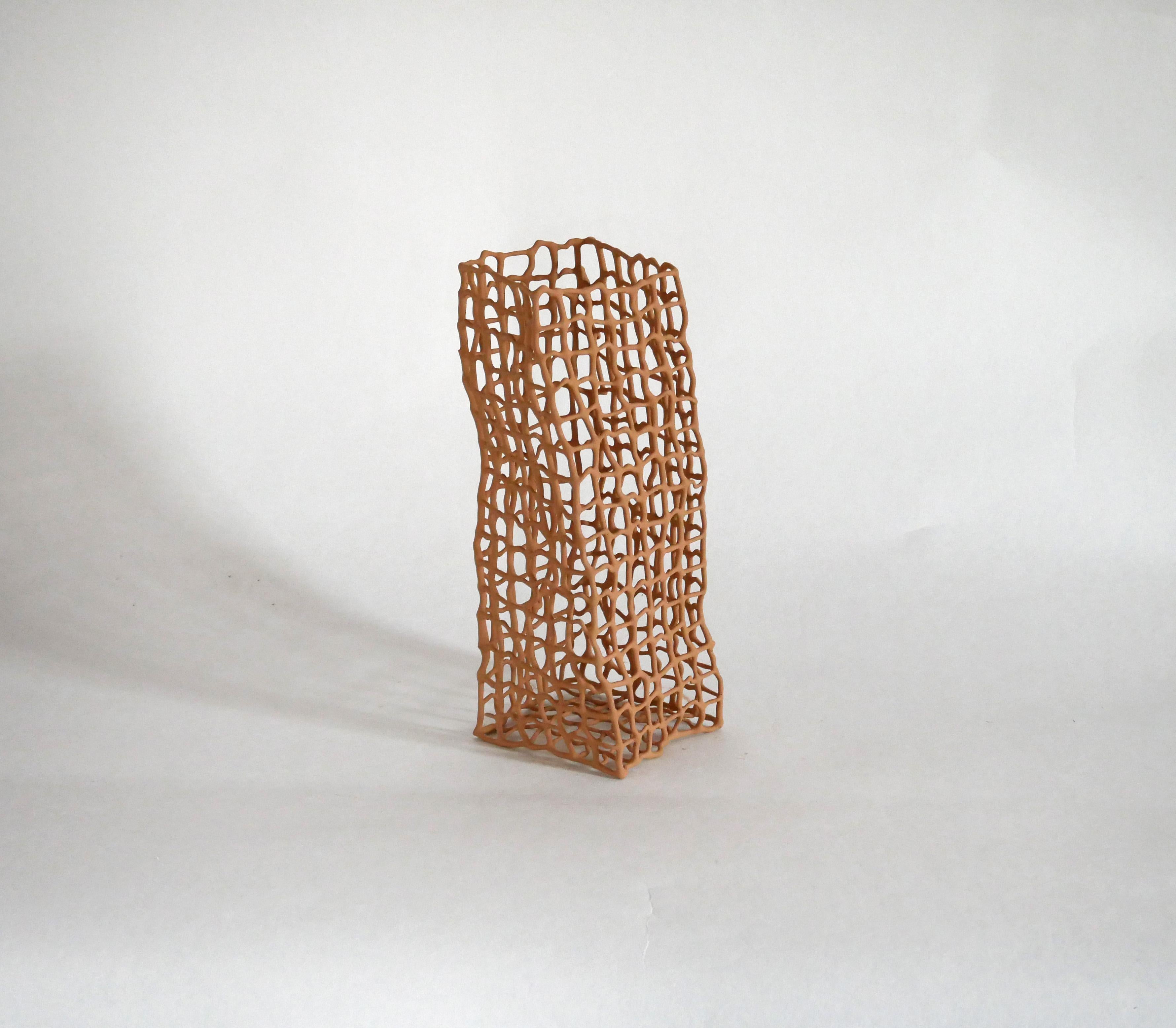 Piccolo vaso di corallo di Dzovag Kotchian
Dimensioni: L. 12 x P. 12 x H. 30 cm
Materiali: Argilla grezza stabilizzata, metallo. 

Il lavoro di Dzovag Kotchian si sviluppa attraverso la riflessione teorica e la ricerca artistica. La sperimentazione