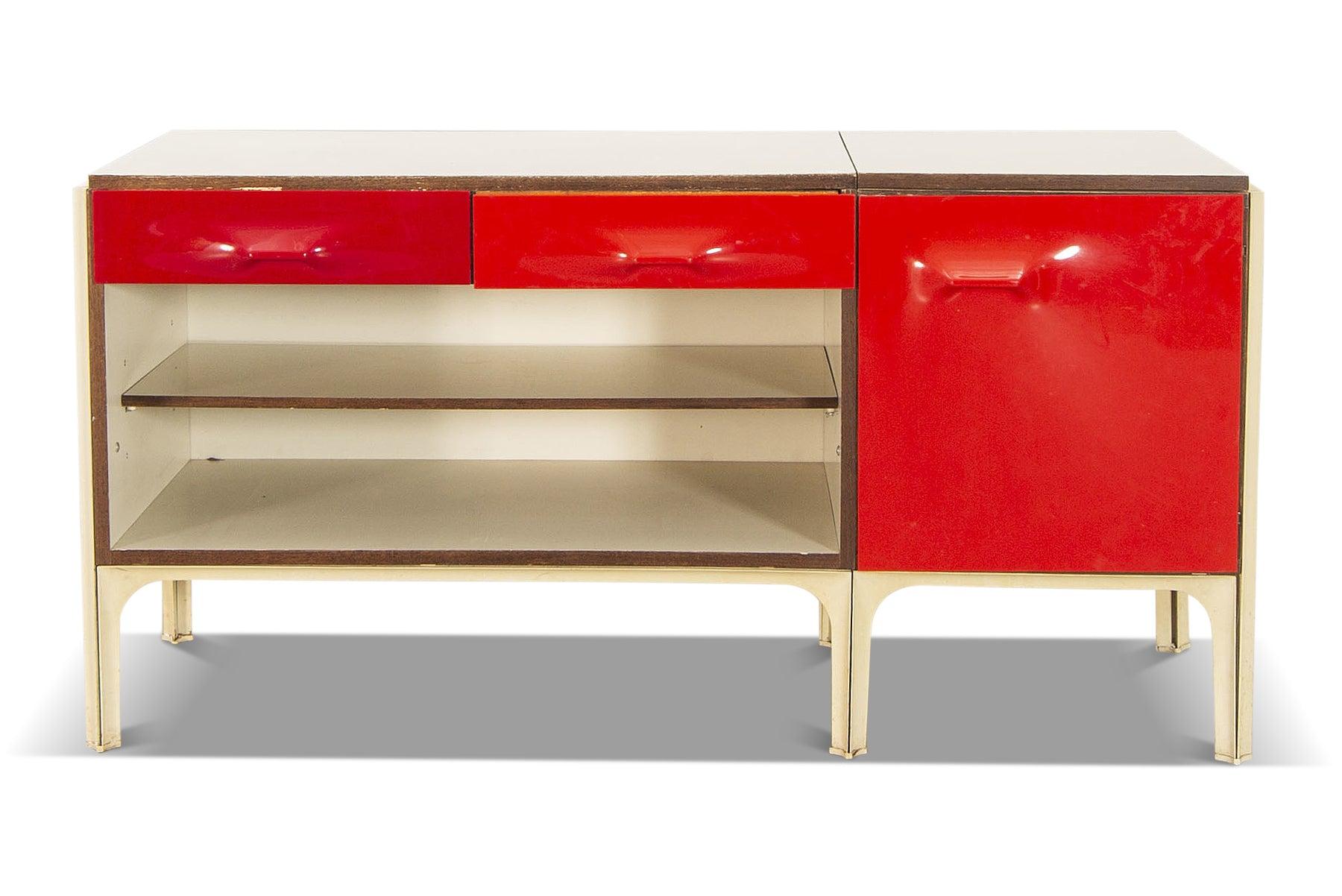 20th Century Small Credenza In White + Red Lacquer By Raymond Loewy