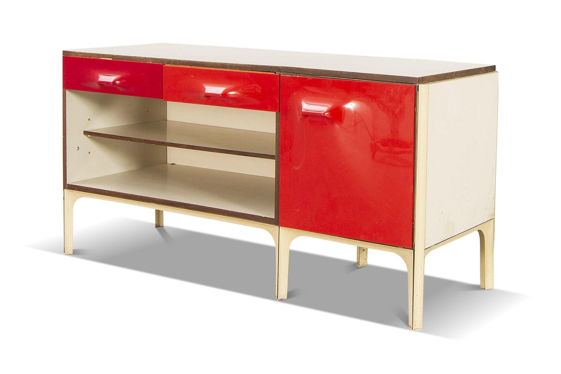 Laminate Small Credenza In White + Red Lacquer By Raymond Loewy