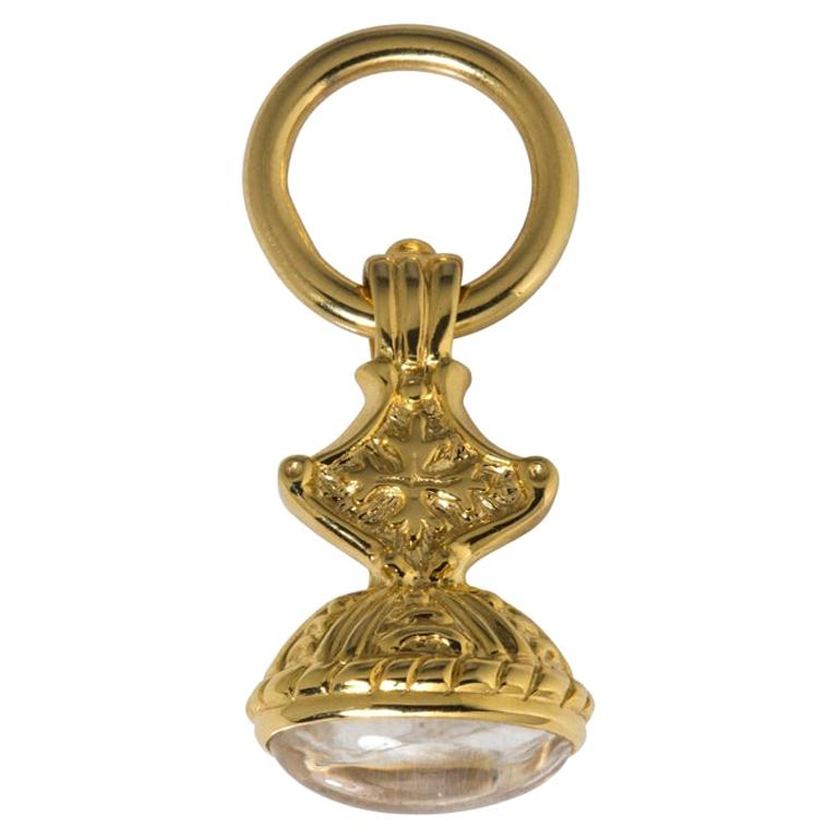 Small Cross Fob in 14 Karat Yellow Gold with Clear Quartz For Sale
