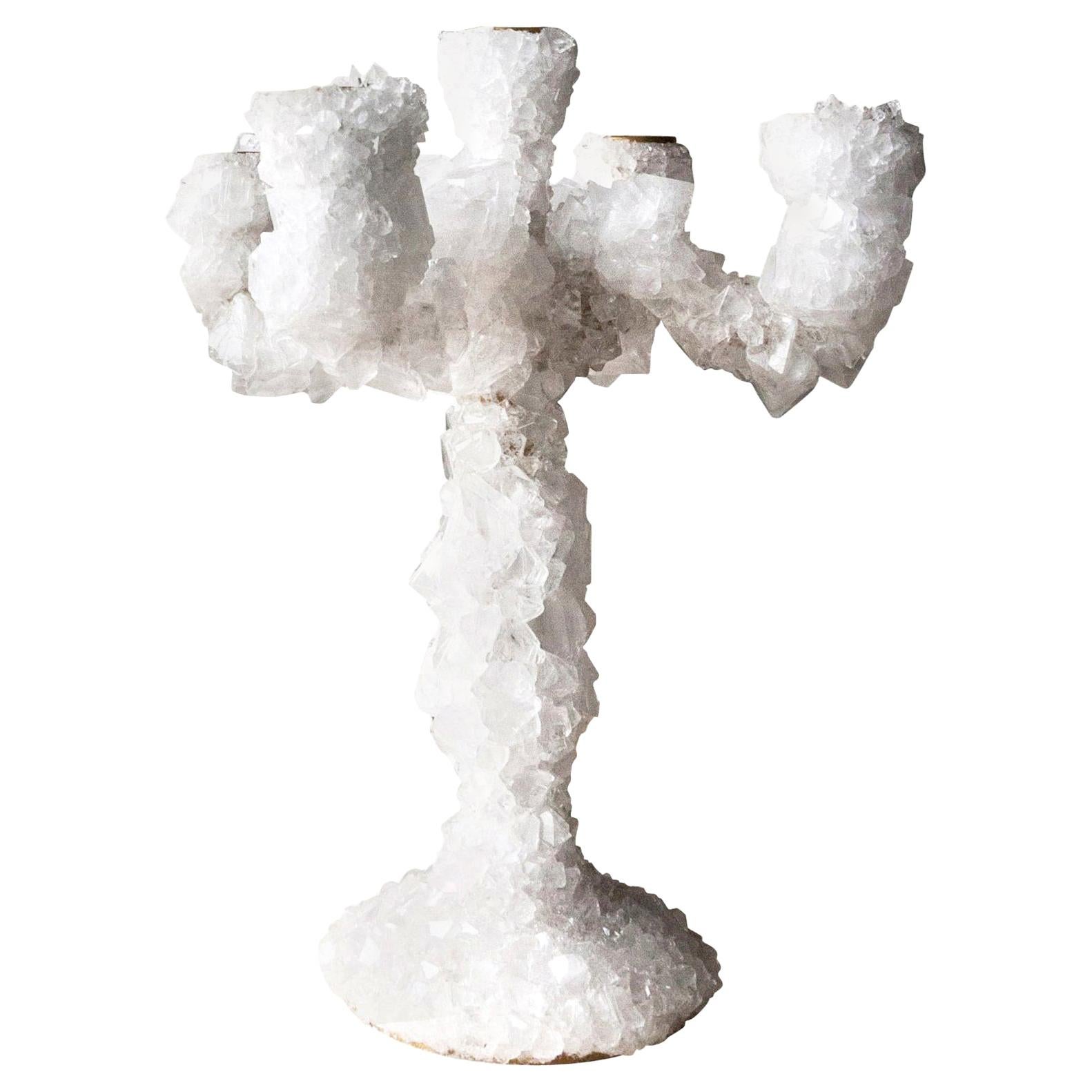 Small crystals overgrown candelabra, Mark Sturkenboom
Hand-sculpted unique design artwork by Mark Sturkenboom
Dimensions: W 24 x D 8 X H 30 cm
Material: Aluminium candleholder, natural grown crystal
Each crystal candelabra is unique and
