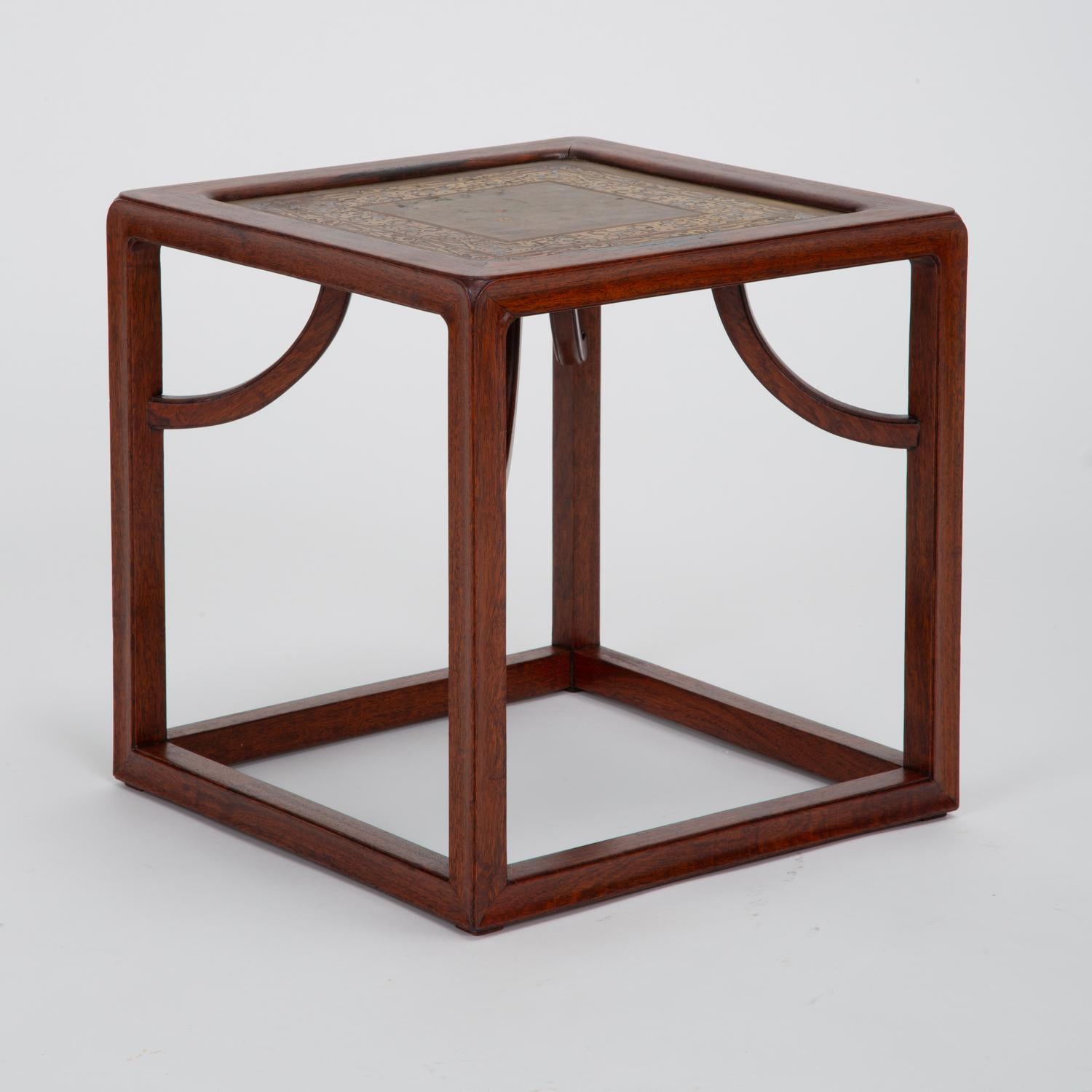 Mid-Century Modern Small Cube Table in Solid Rosewood and Etched Brass
