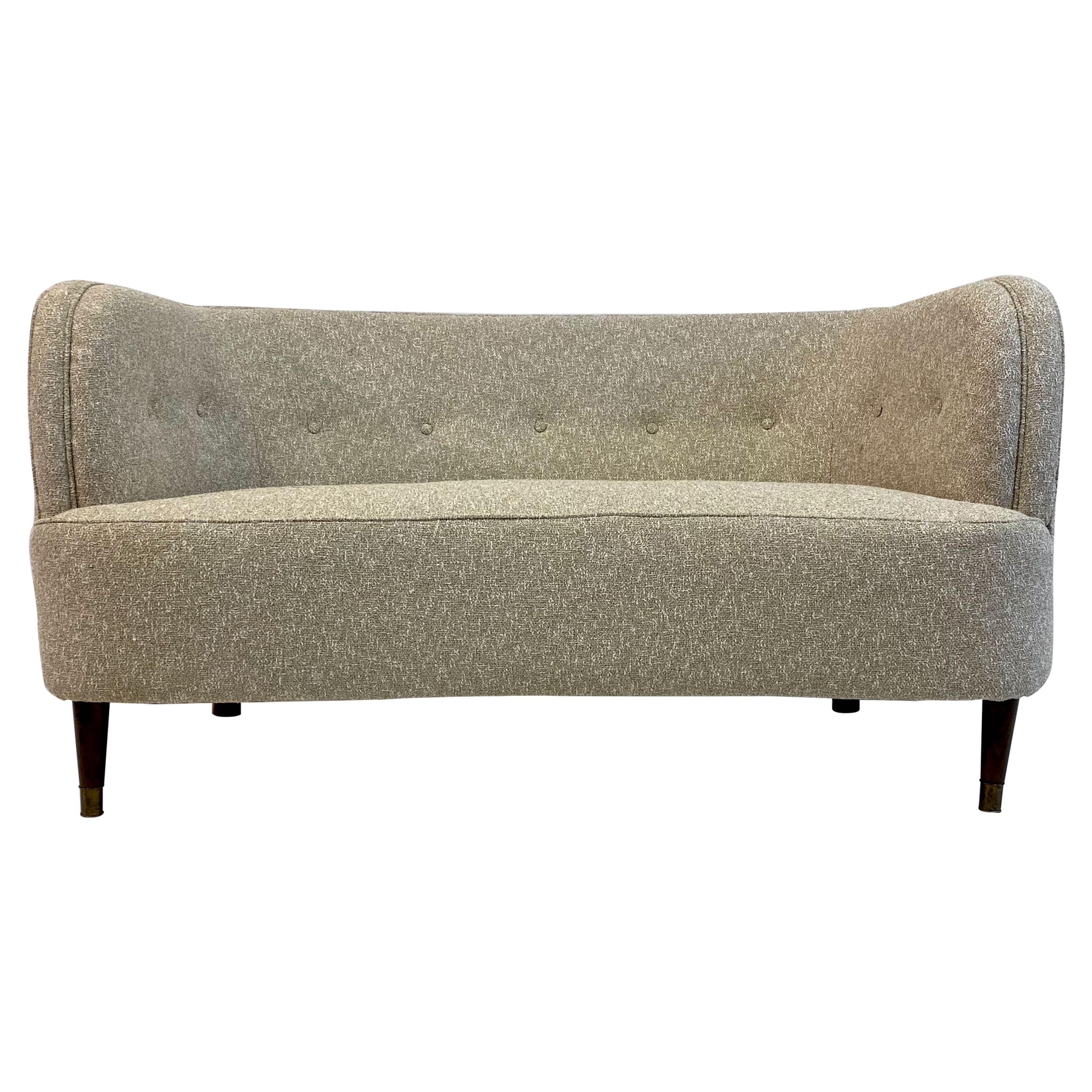Small Curved 1940s Danish Two-Seat Sofa in Neutral Lelièvre Fabric