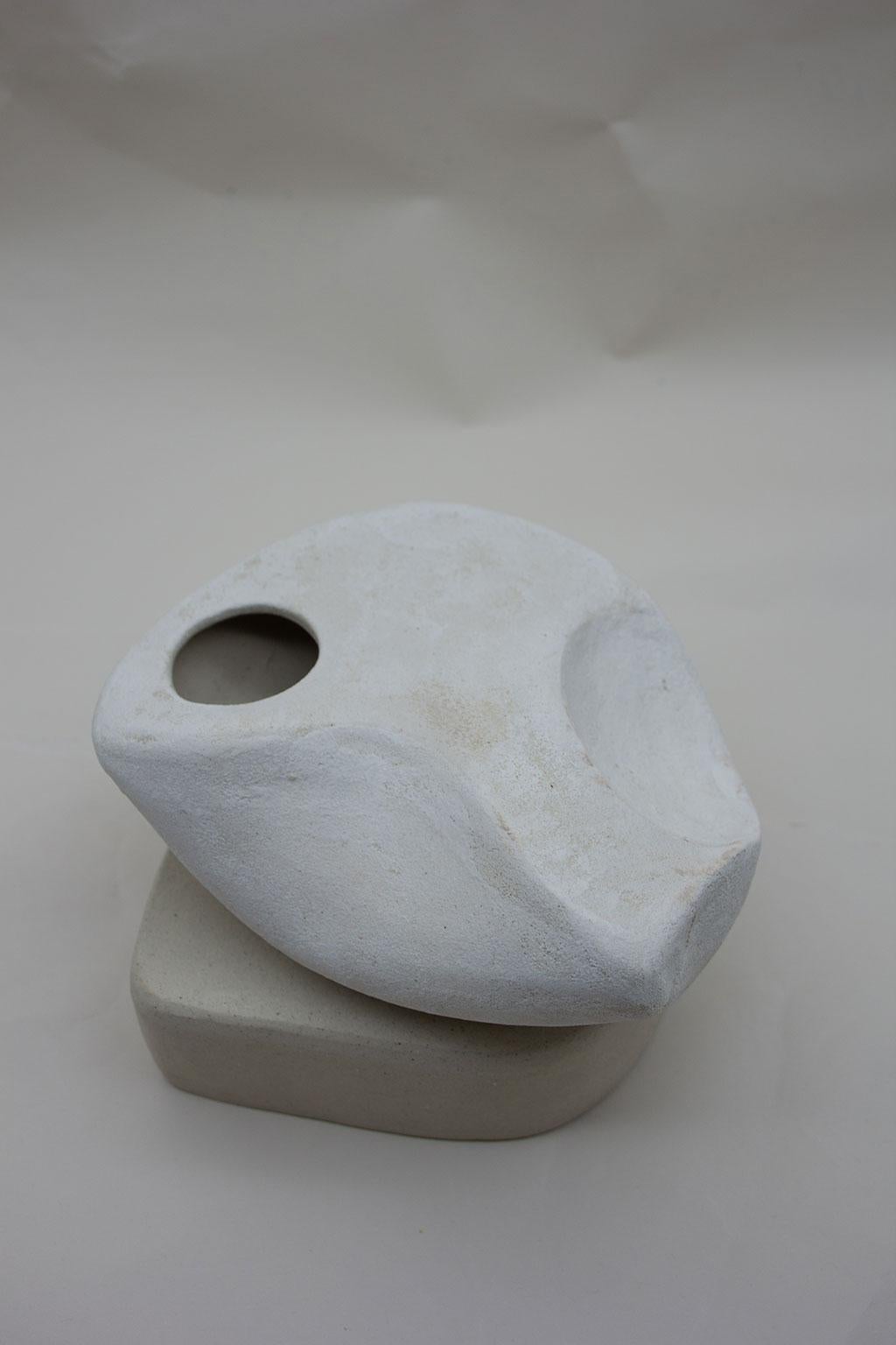 Contemporary Small Curved Form with Hip and Plinth, Stoneware and Porcelain Slip Sculpture