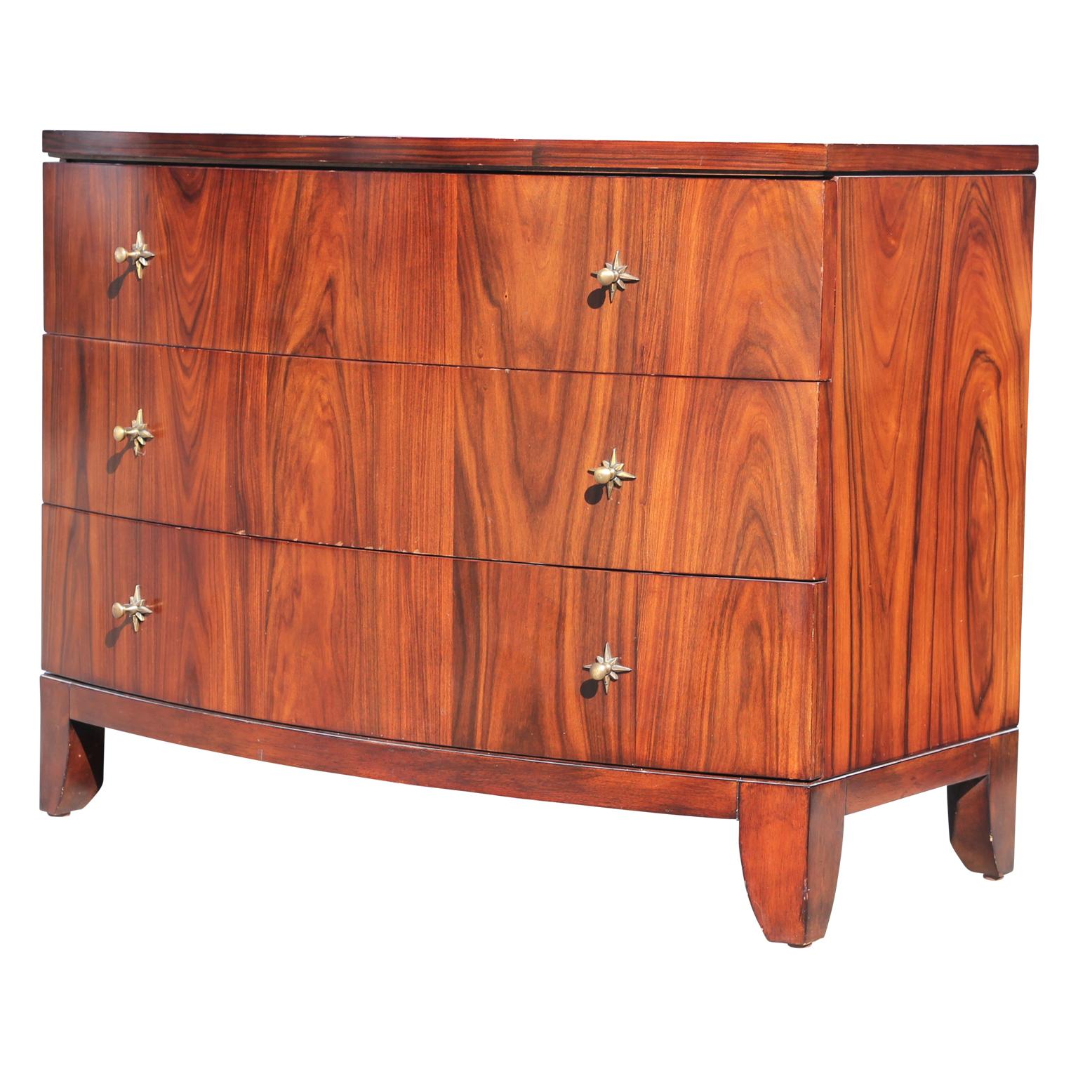 Small curved modern rosewood three-drawer chest bronze color starburst hardware. Made by Bernhardt, circa late 20th century. Nice vintage condition.