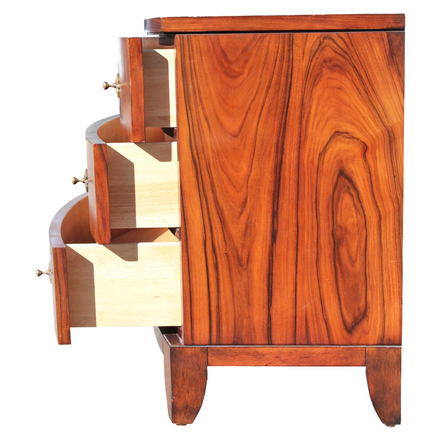 American Small Curved Modern Rosewood Three-Drawer Chest Bronze Color Starburst Hardware