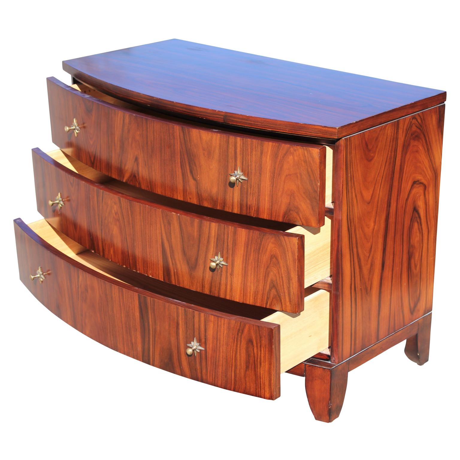 Small Curved Modern Rosewood Three-Drawer Chest Bronze Color Starburst Hardware In Good Condition In Houston, TX