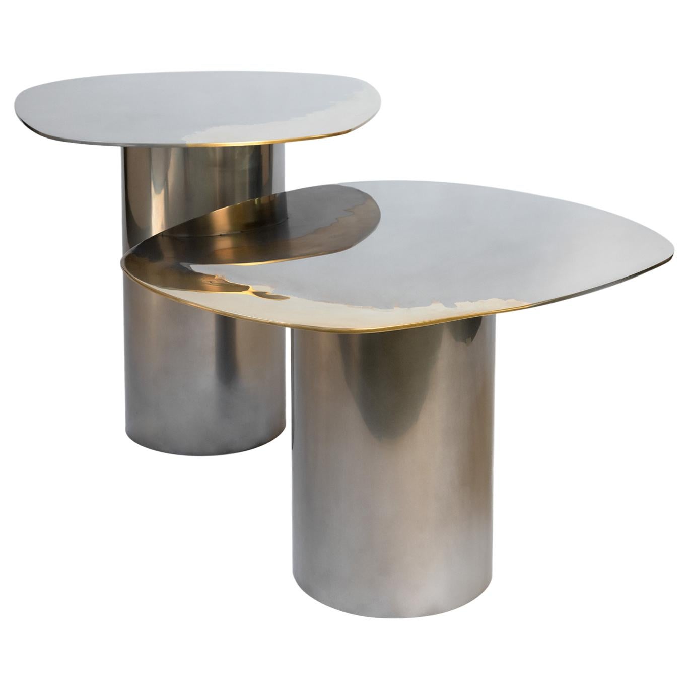 Petites tables d'appoint de transition en laiton bimétal poli et acier inoxydable sur mesure en vente