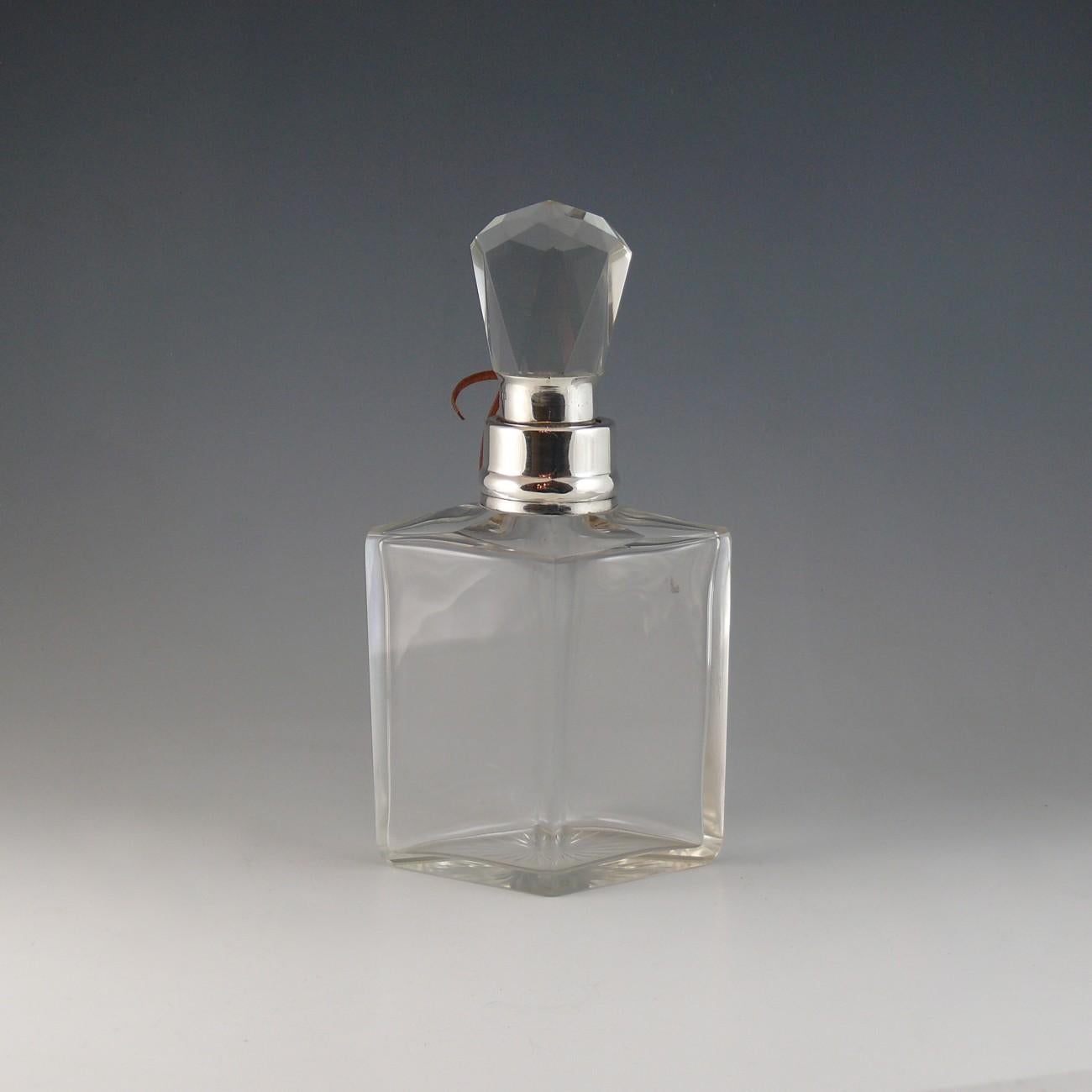 British Small Cut Glass and Sterling Silver Collared Locking Decanter, hallmarked 1917