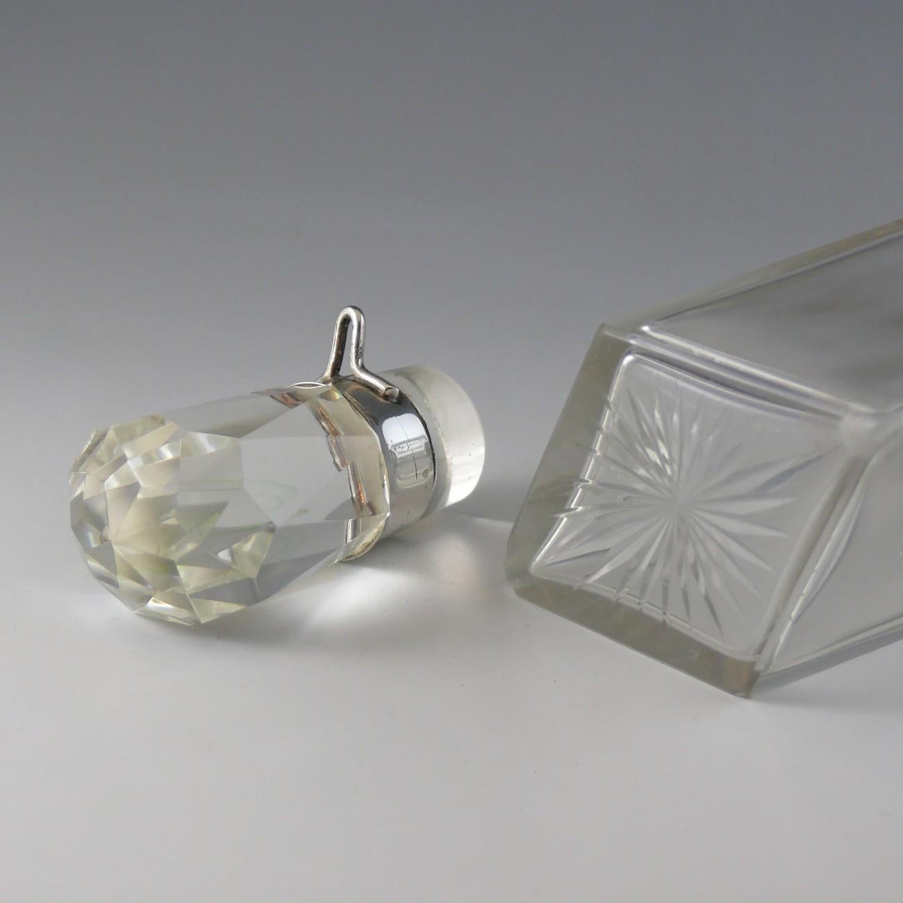 Early 20th Century Small Cut Glass and Sterling Silver Collared Locking Decanter, hallmarked 1917