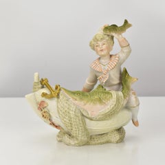 Small Cute Art Nouveau Fisher Boy Jardiniere Planter Vase Bisque Porcelain