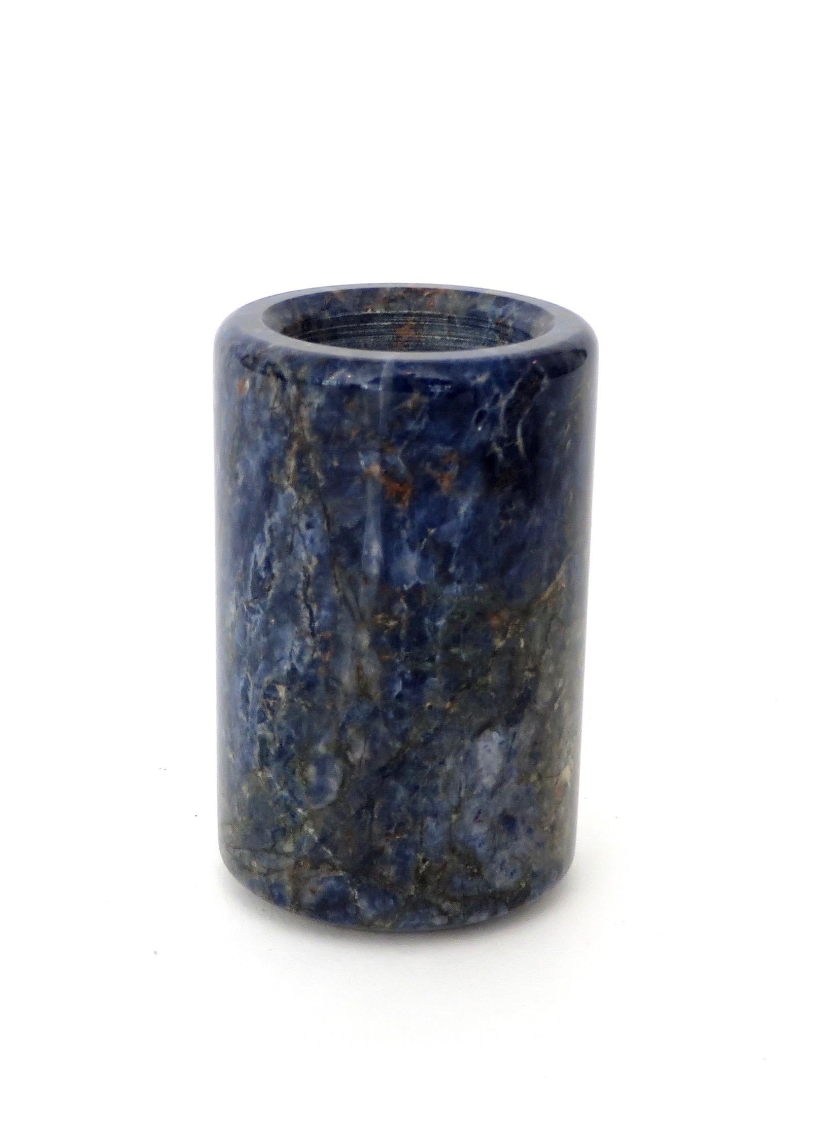 Italian small cylinder or candleholder in heavily veined Italian bowl in stunning blue lapis color blue multi-color marble in the style of Sergio Asti for UP&UP.
