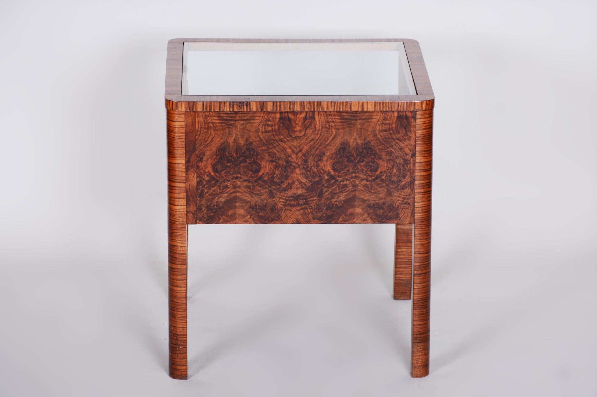 Mid-20th Century Small Czech Art Deco Walnut Table, Glass Showcase in the Table, 1930s