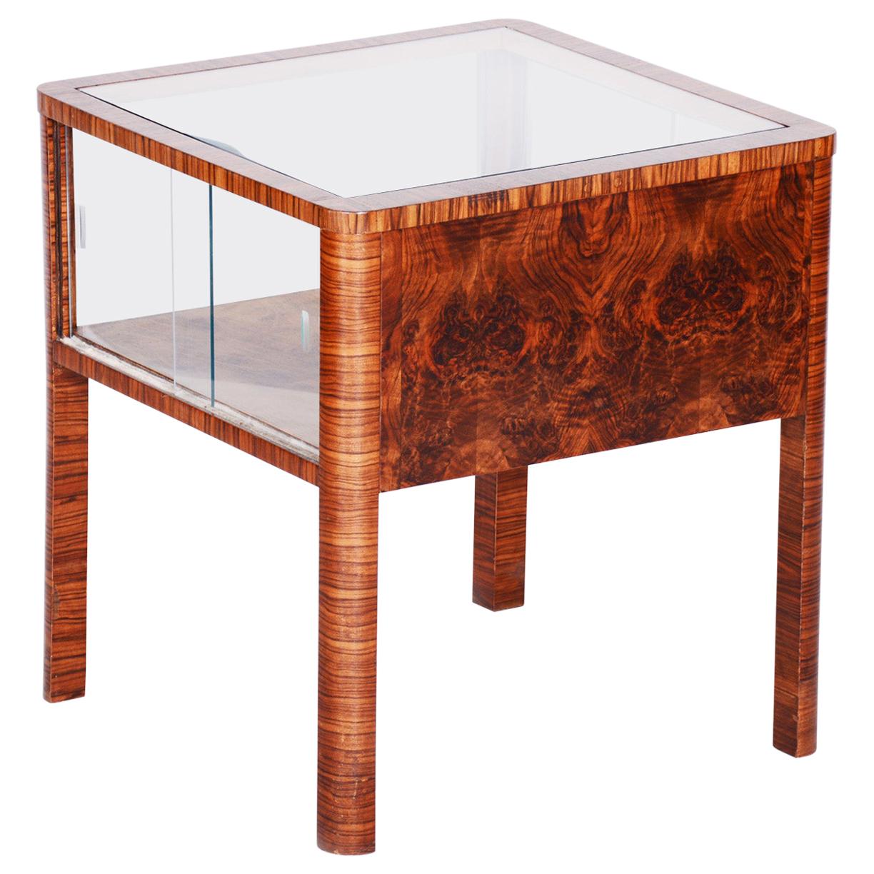 Small Czech Art Deco Walnut Table, Glass Showcase in the Table, 1930s