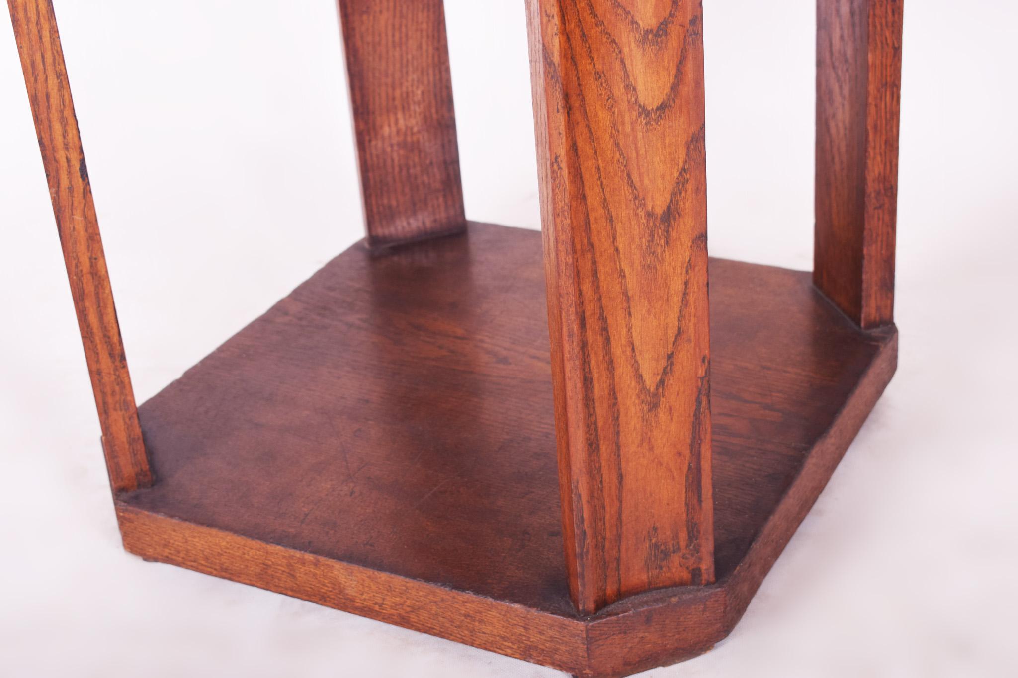 Wood Small Czech Oak Art Deco Round Table, Copper Plate Desk, Good Condition, 1920s For Sale