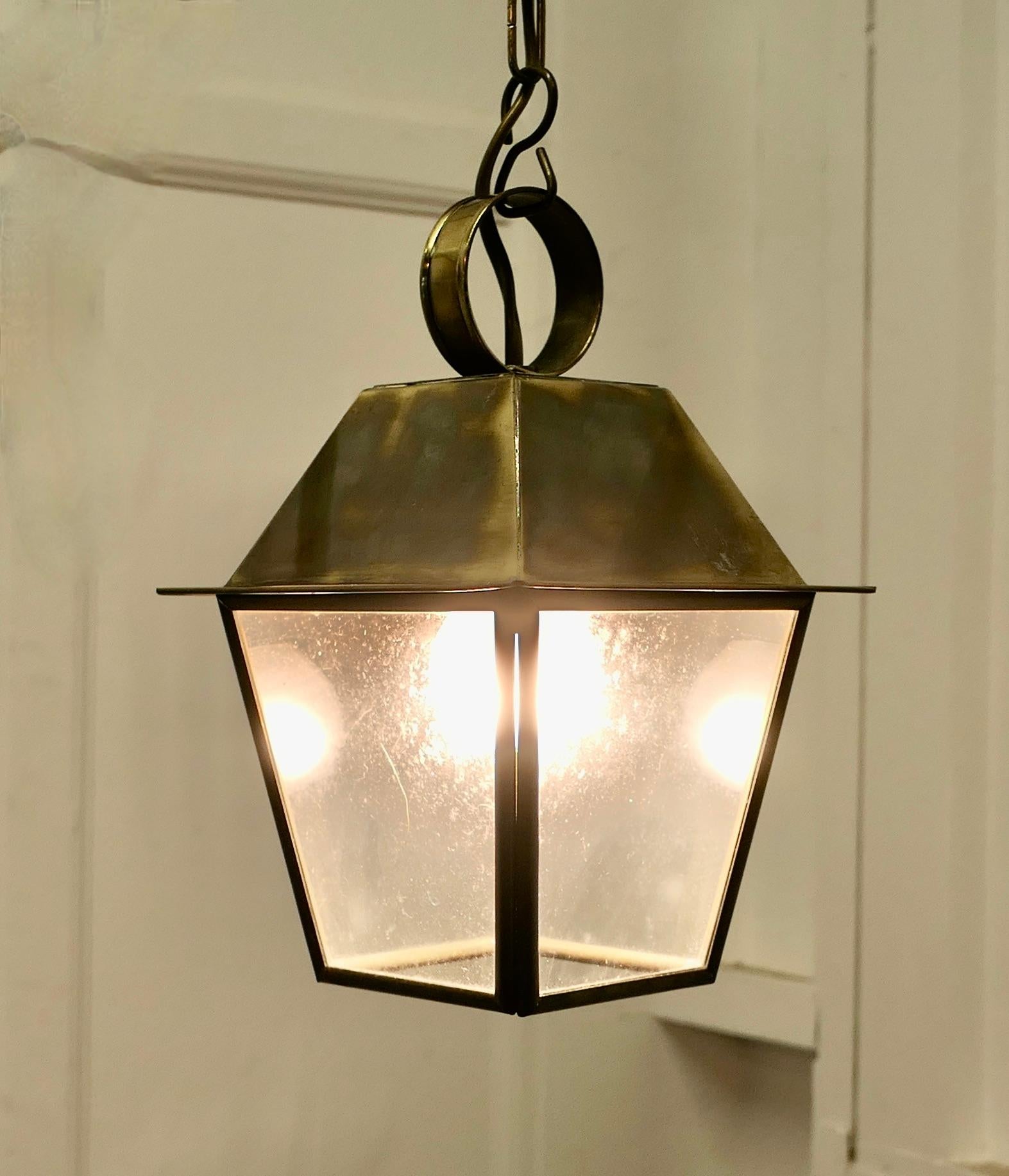 French Provincial Small Dainty Brass Pendant Lantern  This is a dainty Lantern it has 4 glazed sid For Sale