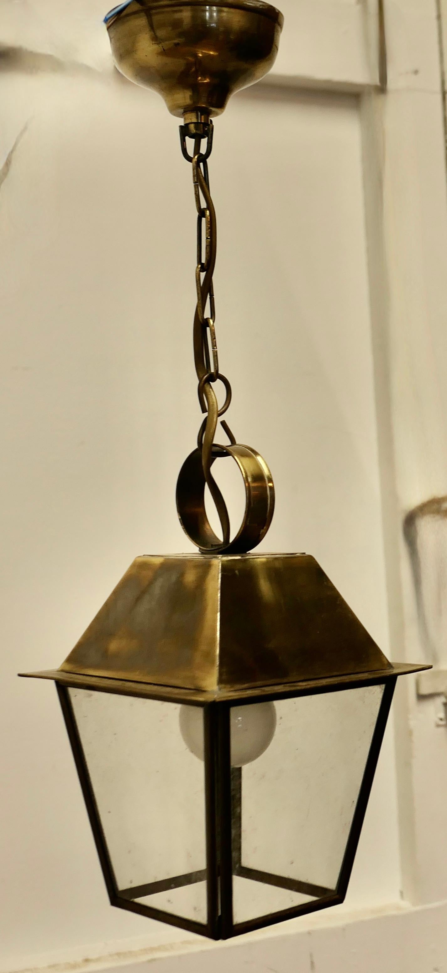 Early 20th Century Small Dainty Brass Pendant Lantern  This is a dainty Lantern it has 4 glazed sid For Sale