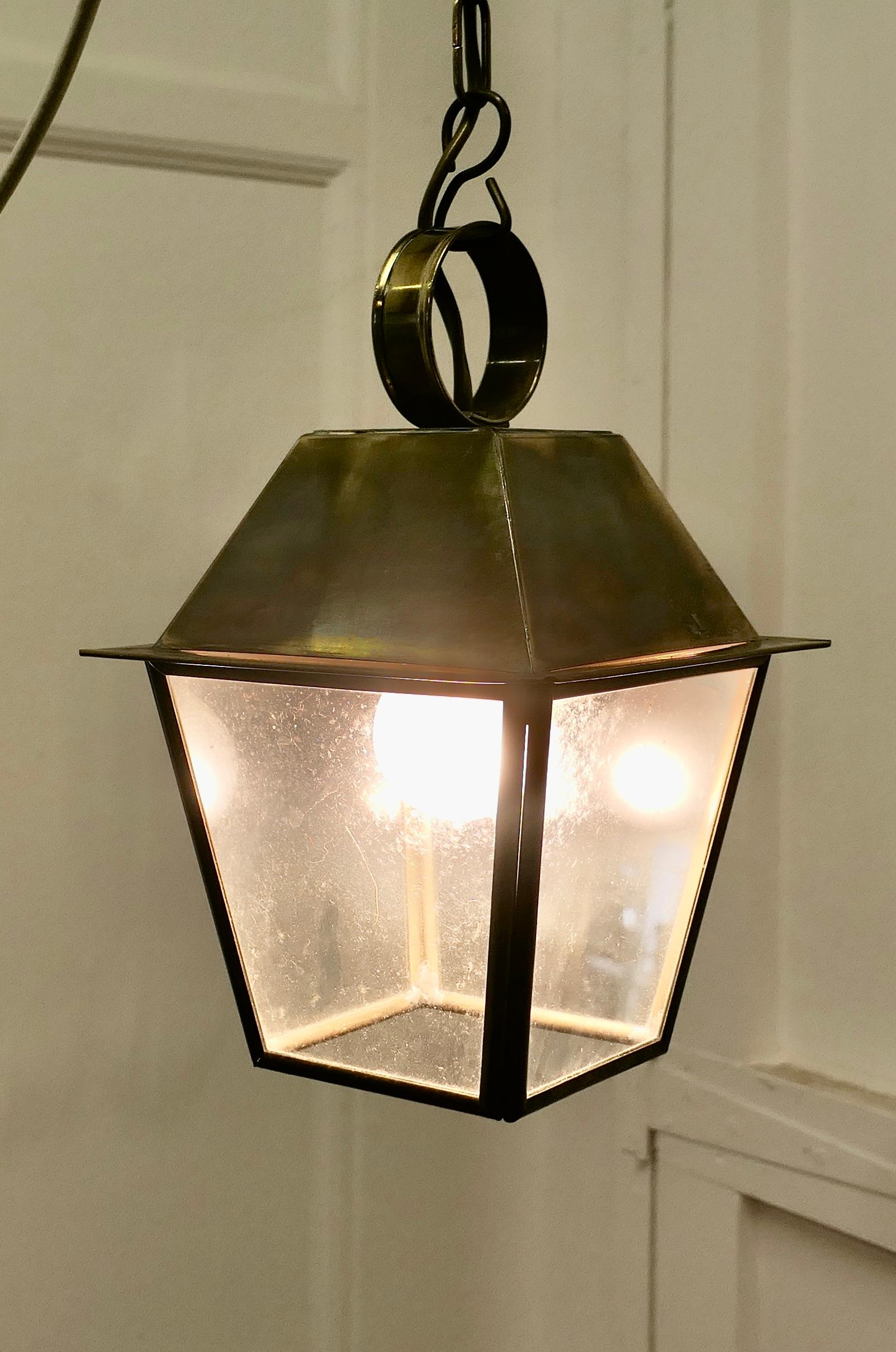 Small Dainty Brass Pendant Lantern  This is a dainty Lantern it has 4 glazed sid For Sale 4