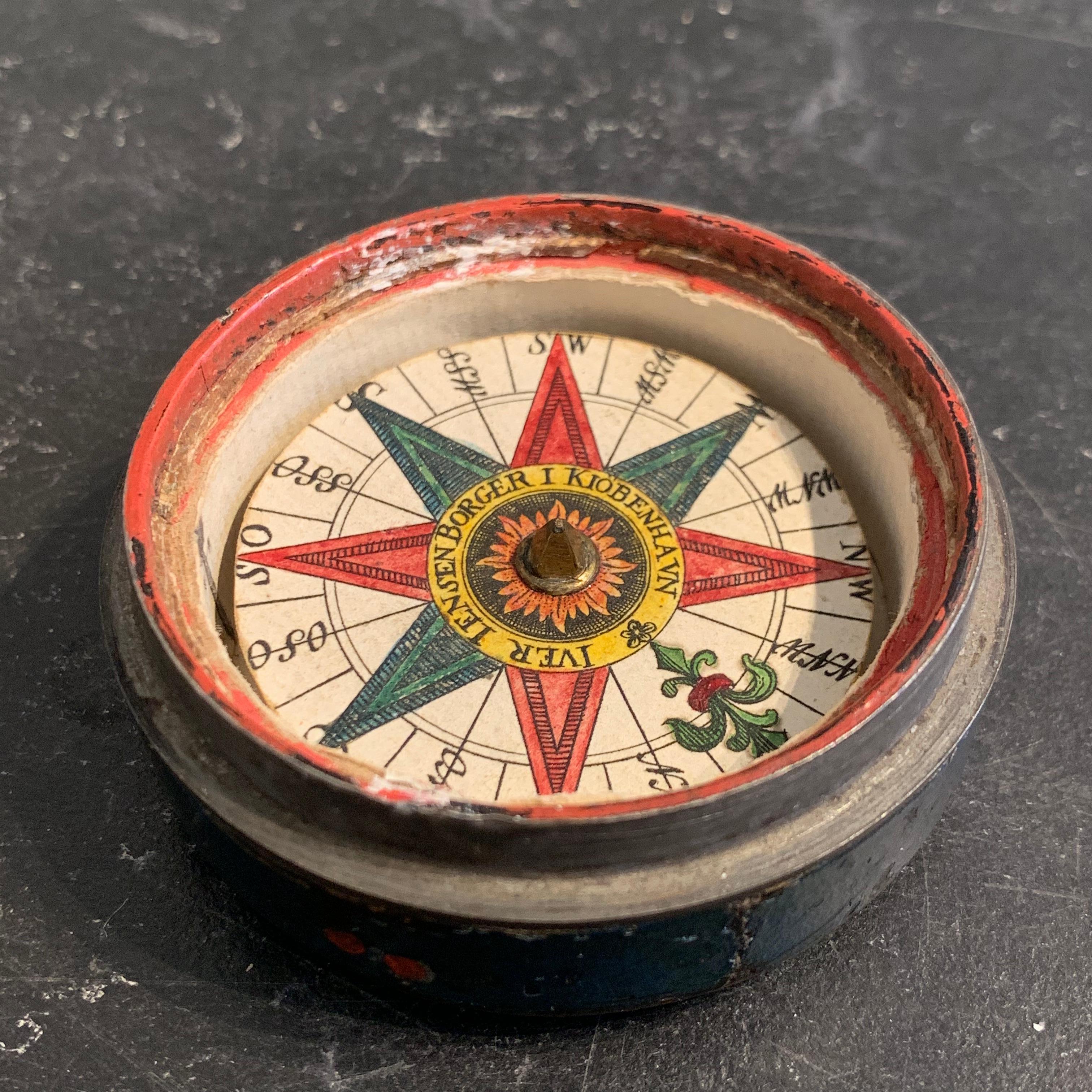 Small Danish 18th Century Pocket Compass with Hot-Air Balloon Decoration 12