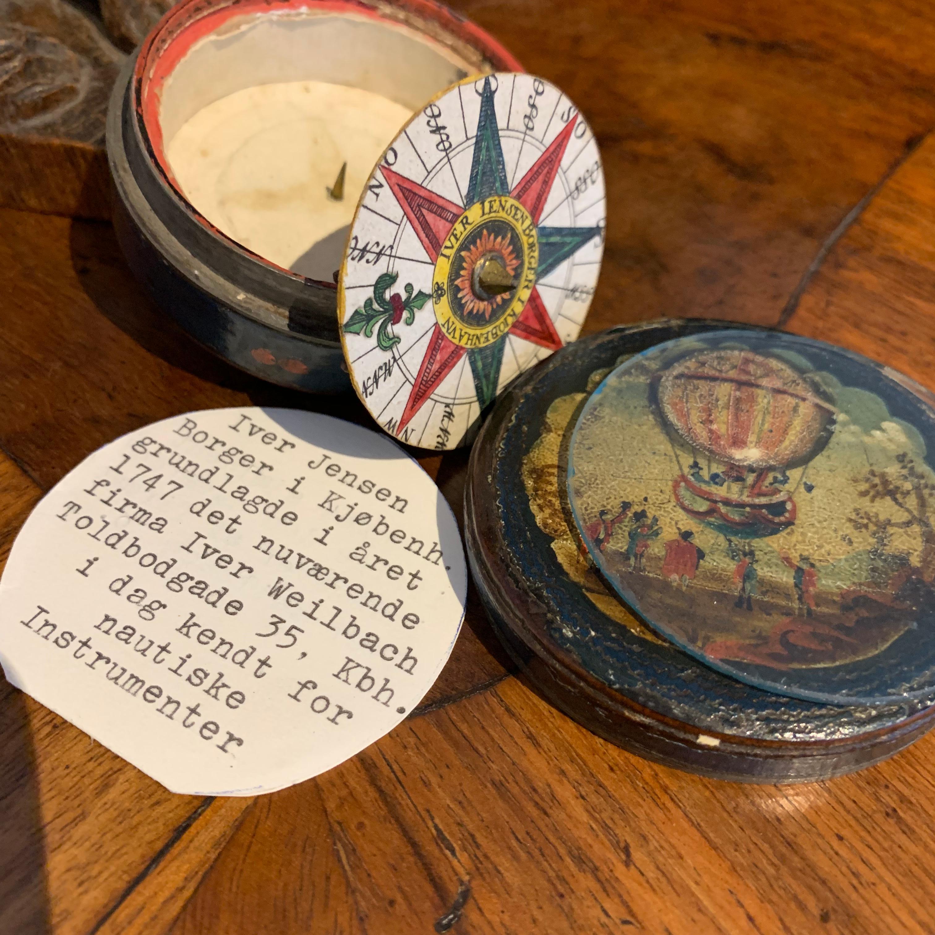 Hand-Crafted Small Danish 18th Century Pocket Compass with Hot-Air Balloon Decoration