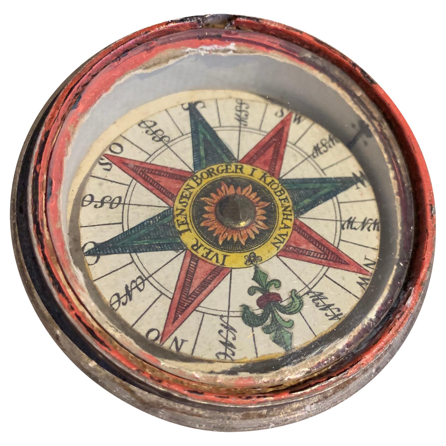 Metal Small Danish 18th Century Pocket Compass with Hot-Air Balloon Decoration