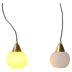 Small Danish Midcentury Pendant Lamps in Brass and White Glass, 1970s