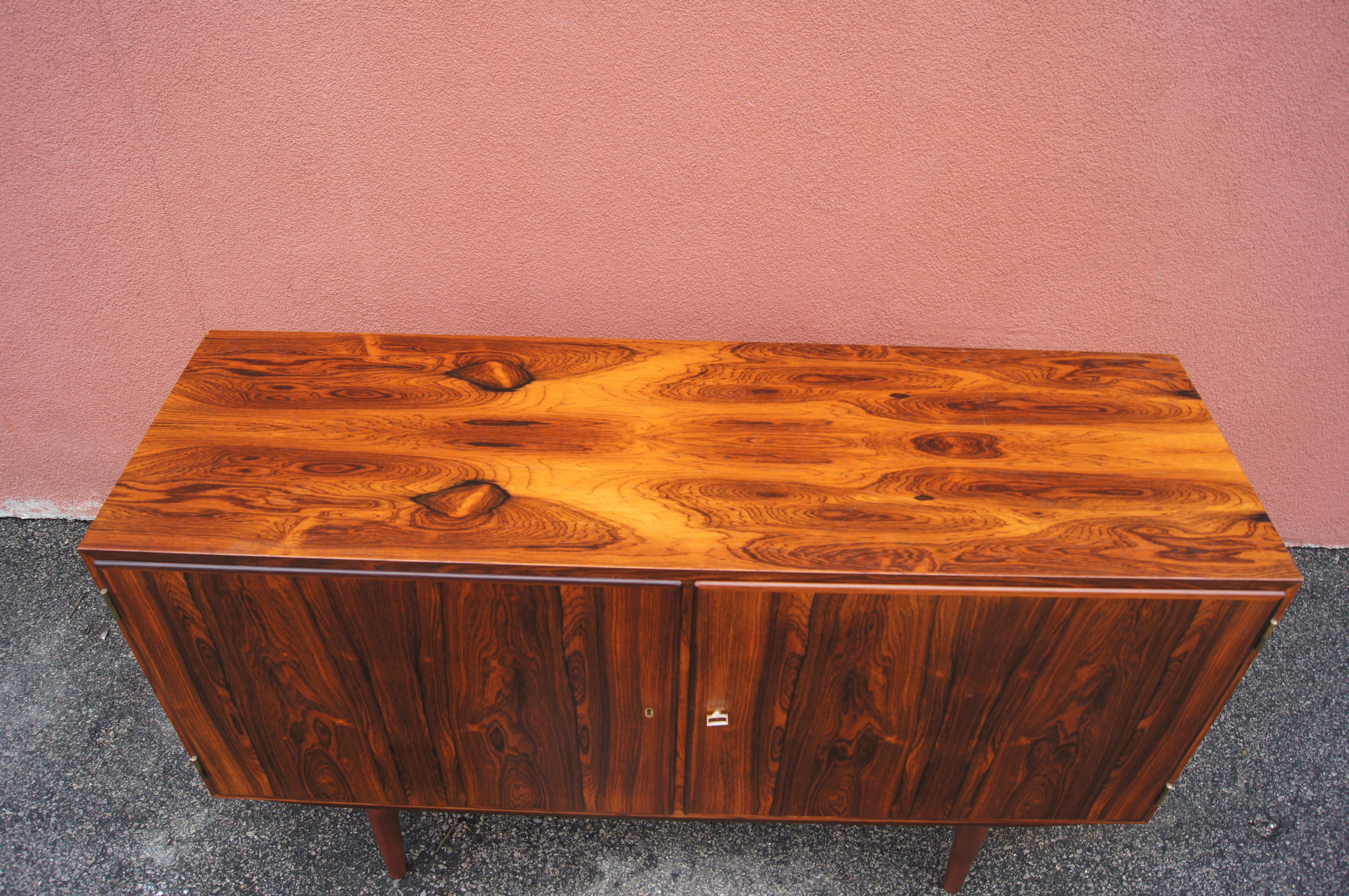 Brass Small Danish Modern Rosewood Credenza For Sale