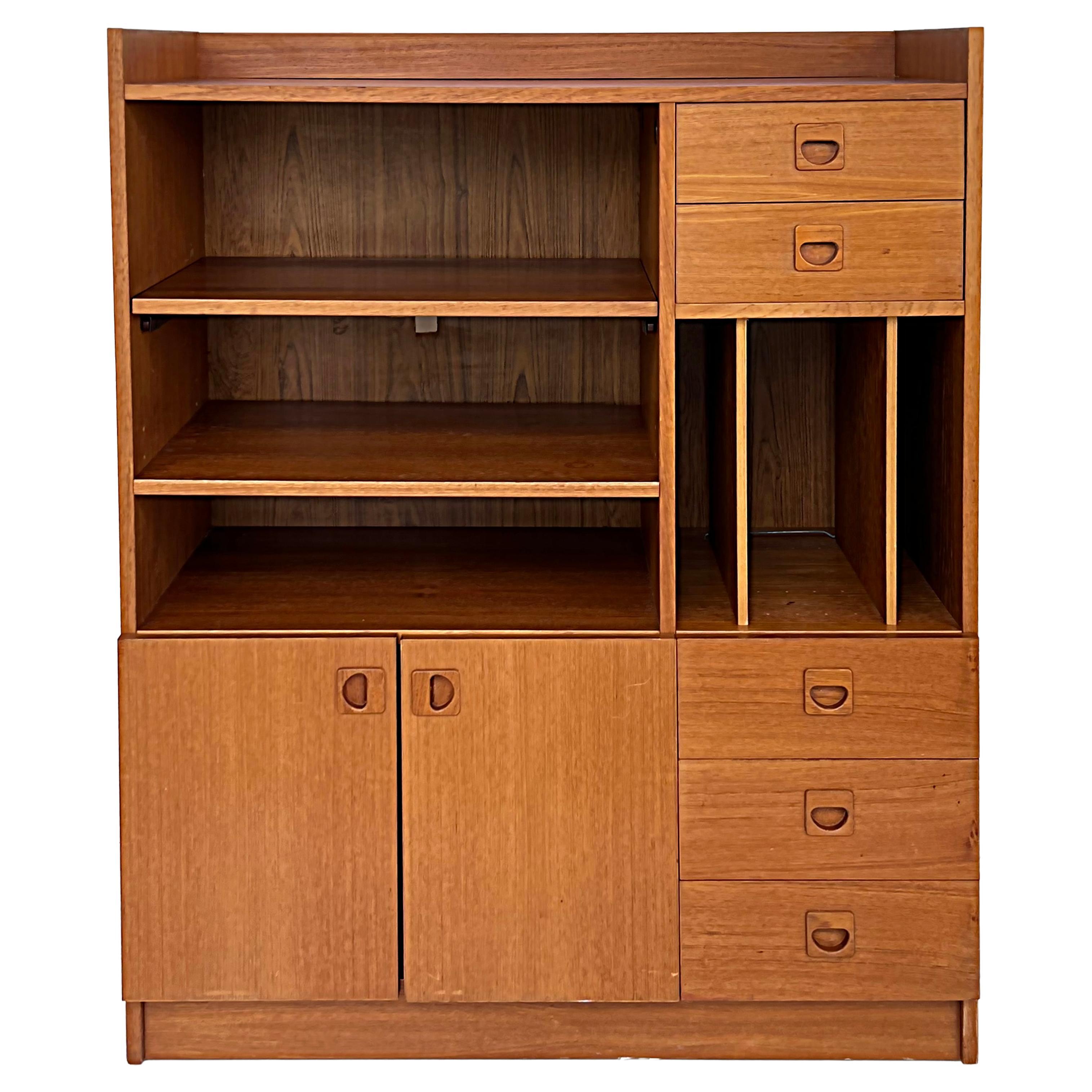 Danish Modern Teak Low Profile Bookcase with Glass Doors at 1stDibs