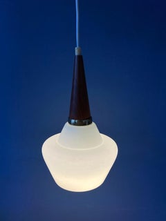 Small Danish Teak Wood Opaline Glass Pendant Light, 1970s