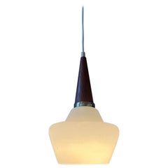 Small Danish Teak Wood Opaline Glass Pendant Light, 1970s