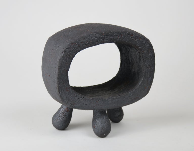 Organic Modern Small Dark Silver-Gray Hollow Rectangular Ring Ceramic Sculpture on 3 Legs For Sale