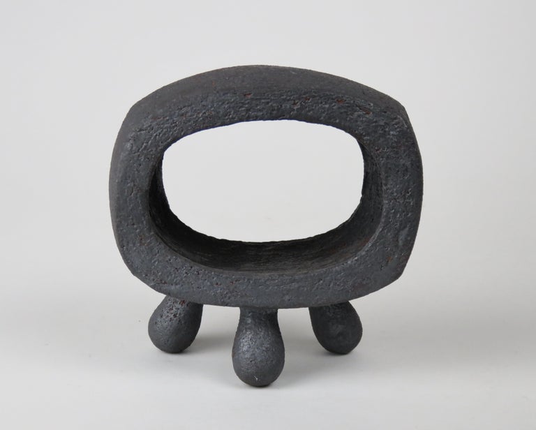 Hand-Crafted Small Dark Silver-Gray Hollow Rectangular Ring Ceramic Sculpture on 3 Legs For Sale